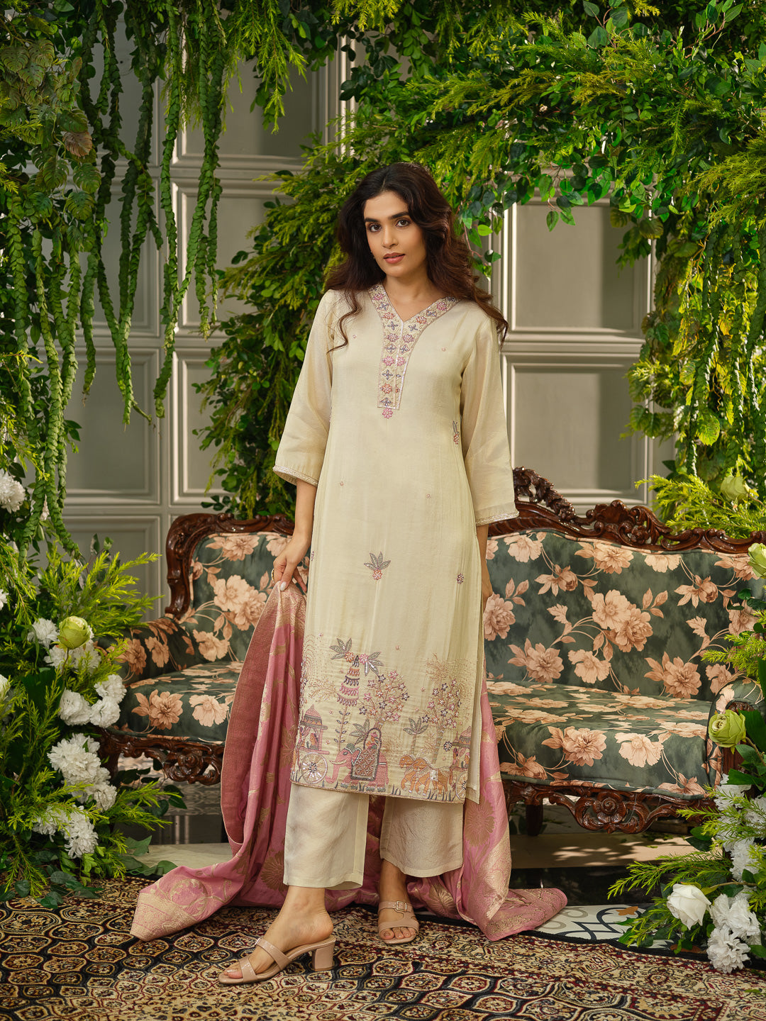 Elegant Peach Embroidered Kurta Set with Pink Dupatta