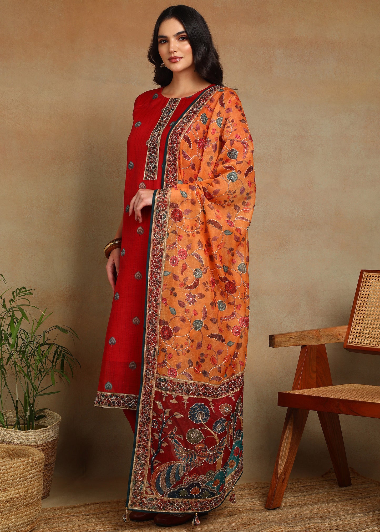 Women's Red Ethnic Motif Printed Kurta with Kantha & Sequin Work, Paired with Trousers and Dupatta