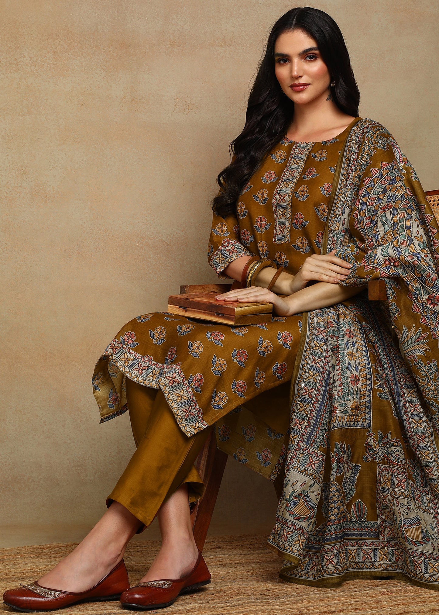Women's Olive Green Ethnic Motif Printed Kurta with Kantha & Sequin Work, Paired with Trousers and Dupatta