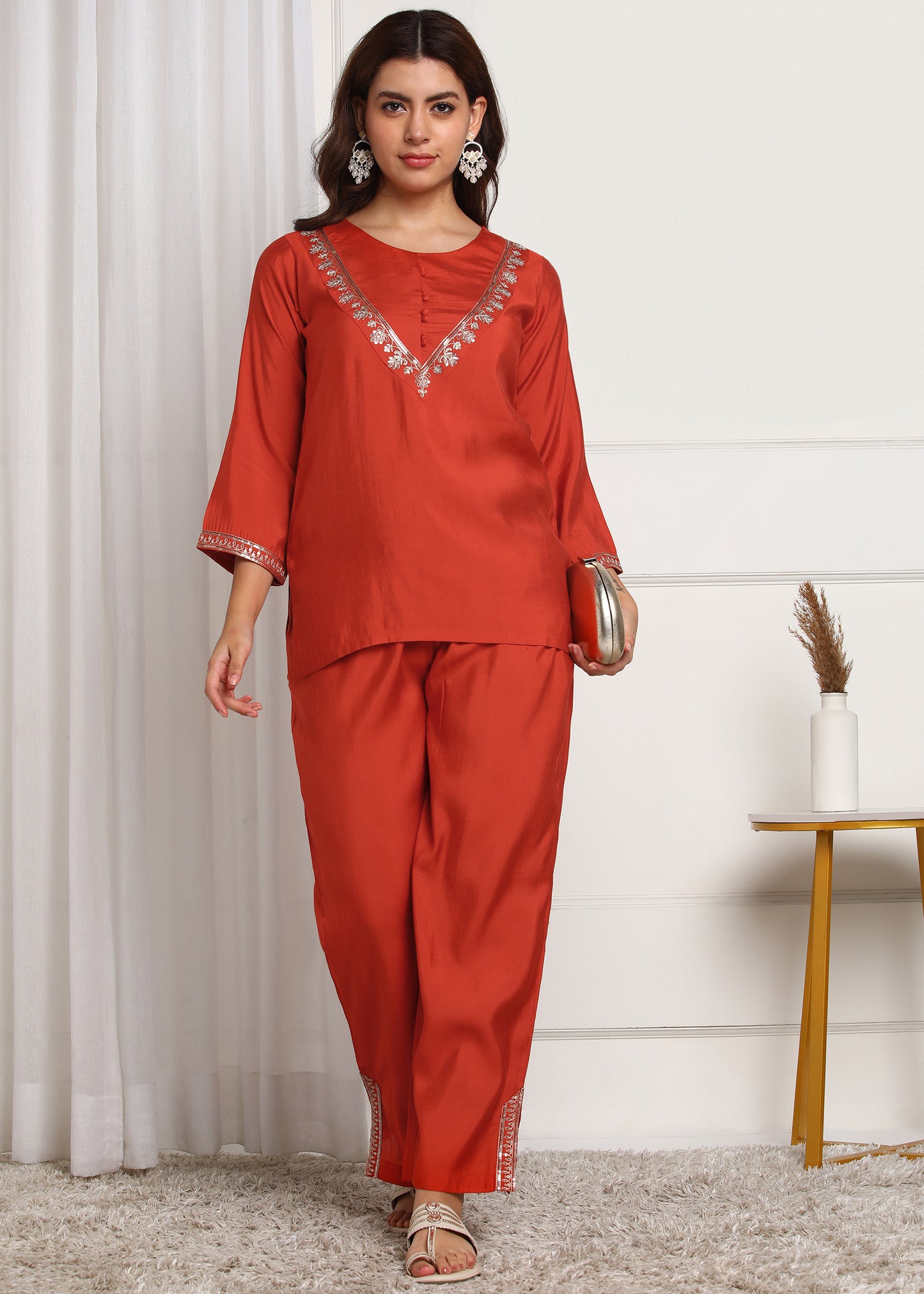 Rust Orange Embroidered Co-ord's