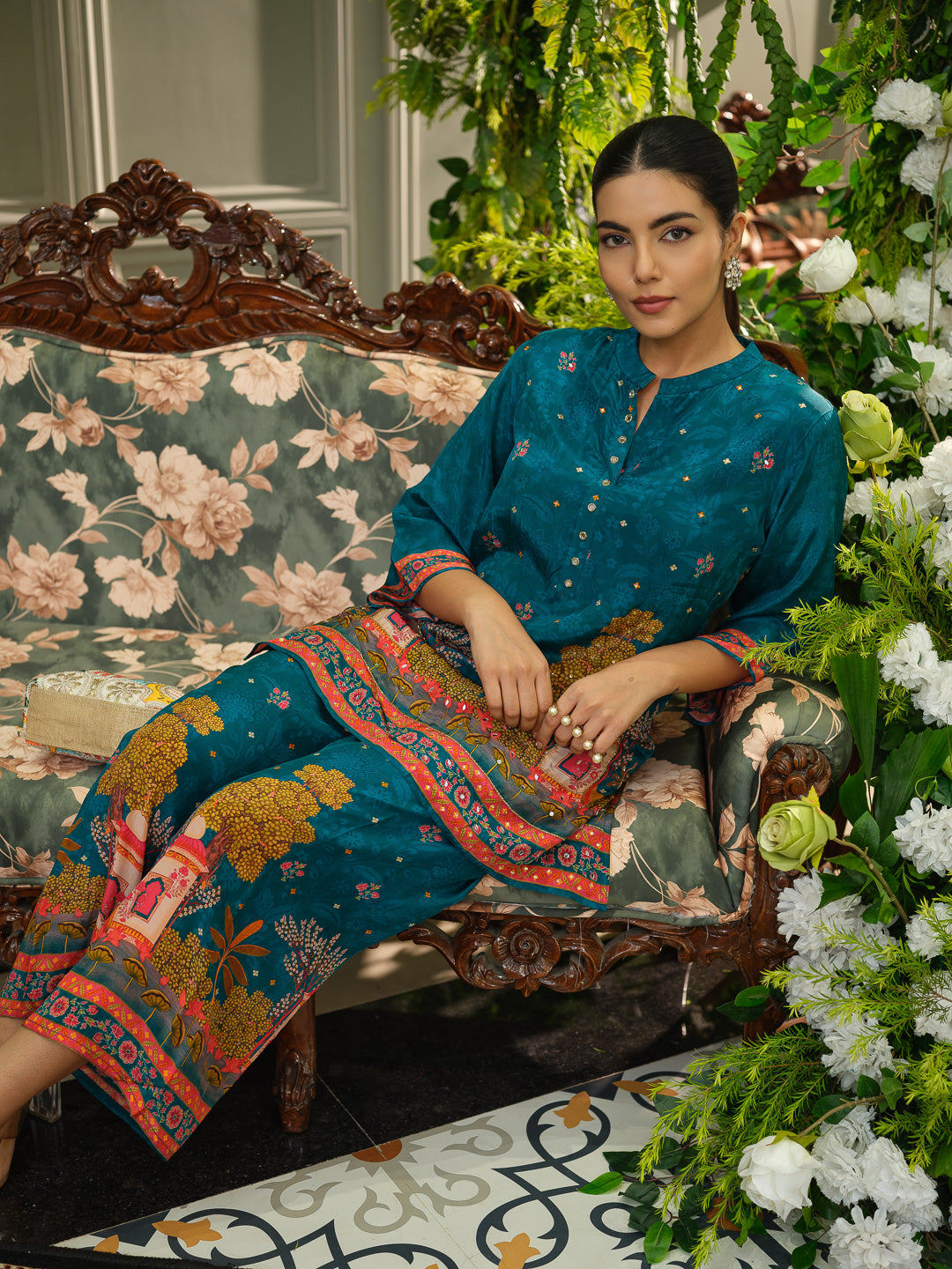 Teal Digital Print Co-ord Set with Heavy Handwork