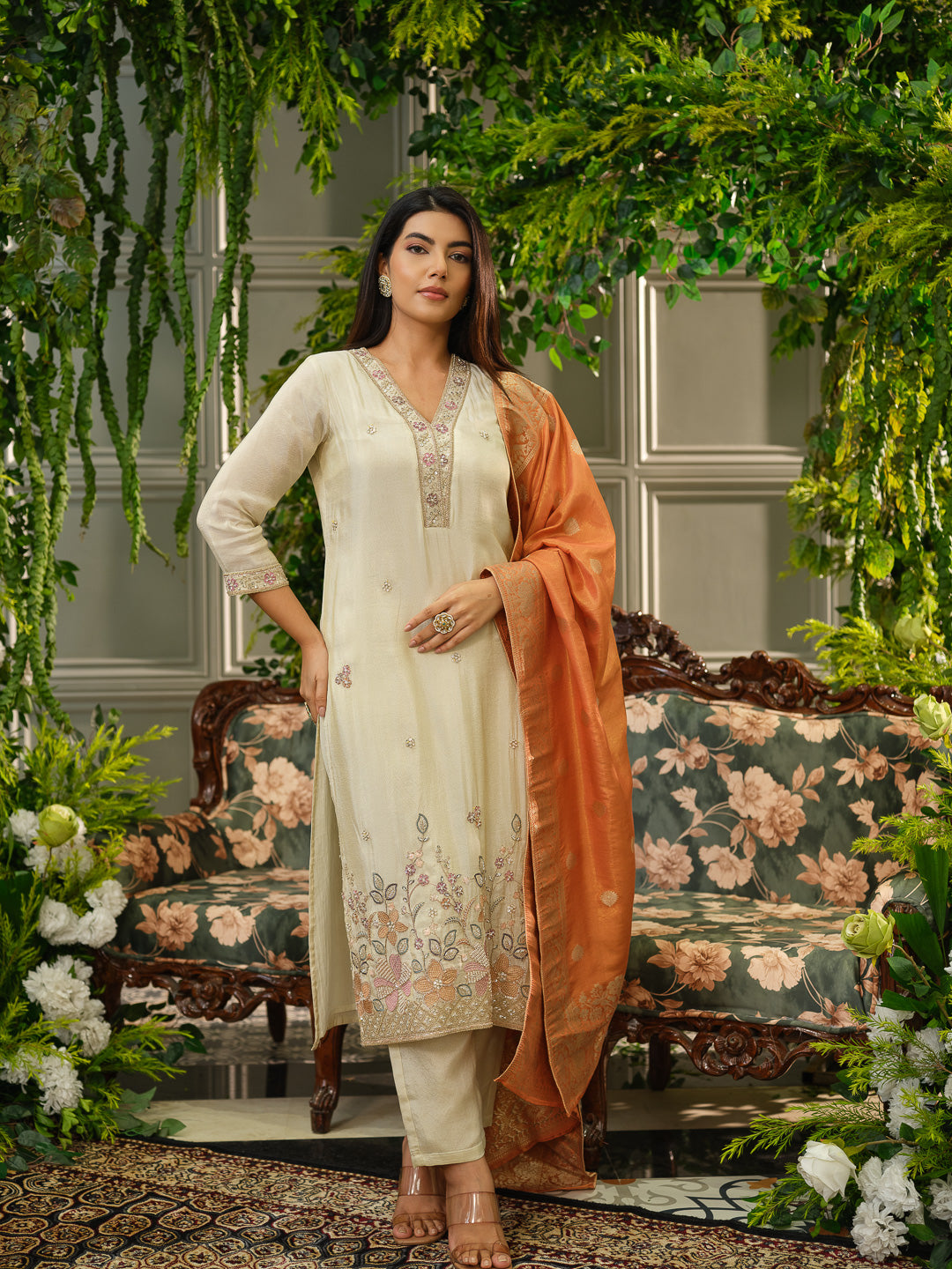 Off White Embroidered Kurta Set with Rust Orange Banarasi Dupatta