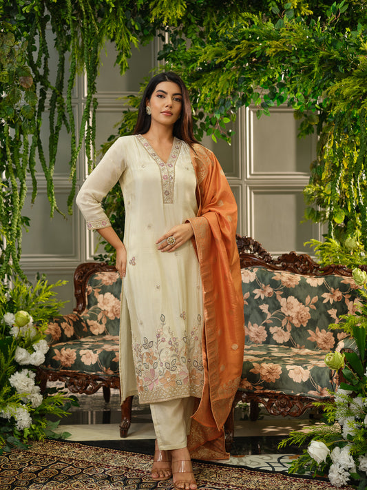Off White Embroidered Kurta Set with Rust Orange Banarasi Dupatta