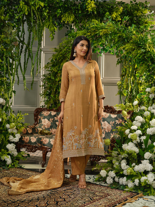 Mustard Viscose Tissue Kurta Set with Jacquard Dupatta & Hand Embroidery