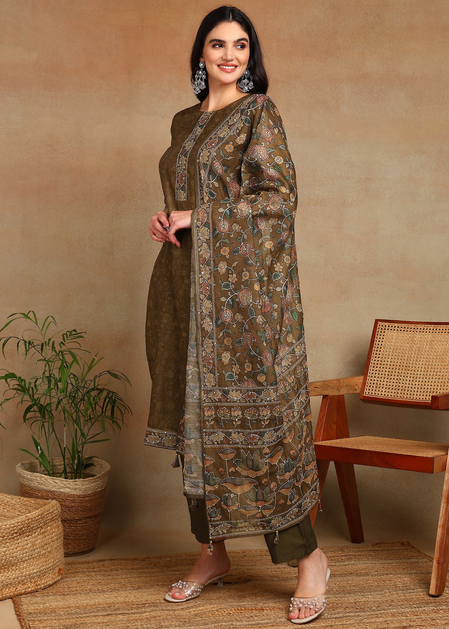 Women's Olive-Green Ethnic Motif Printed Kurta with Kantha & Sequin Work, Paired with Trousers and Dupatta