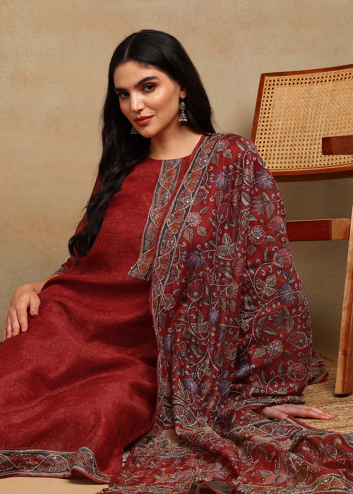 Women's Maroon  Ethnic Motif Printed Kurta with Kantha & Sequin Work, Paired with Trousers and Dupatta