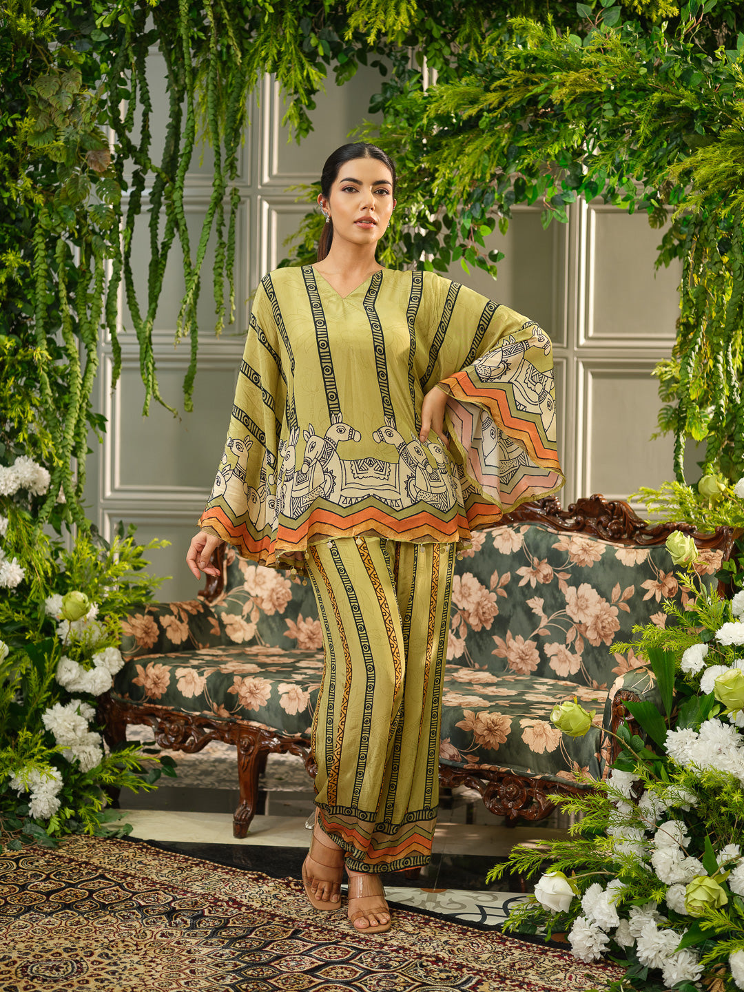 Olive Green Ethnic Printed Natural Crepe Silk Co-Ord Set with Poncho Top