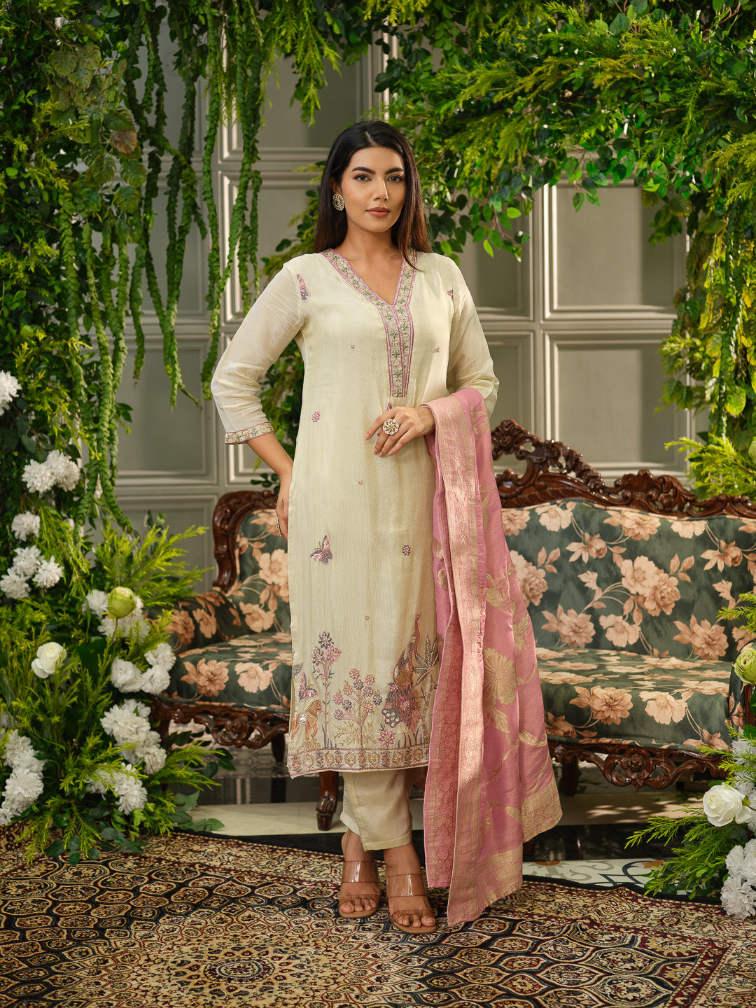 Elegant off White Embroidered Kurta Set with Pink Dupatta