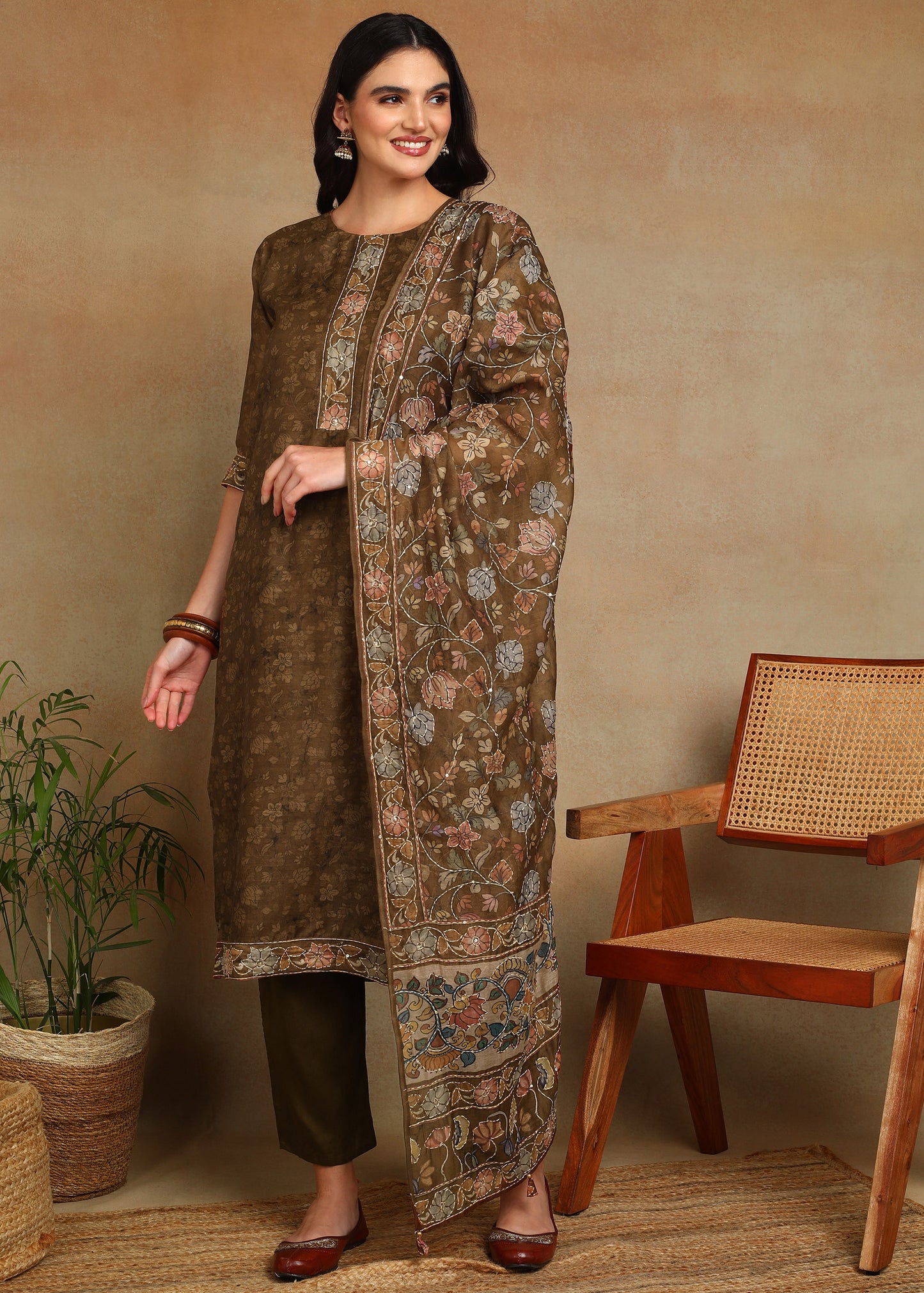 Women's Mustard Ethnic Motif Printed Kurta with Kantha & Sequin Work, Paired with Trousers and Dupatta