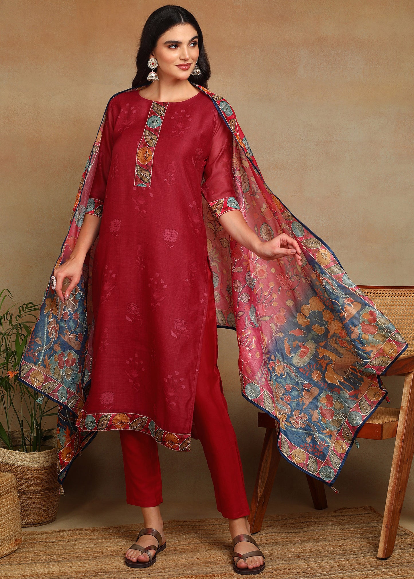 Women's Red Ethnic Motif Printed Kurta with Kantha & Sequin Work, Paired with Trousers and Dupatta