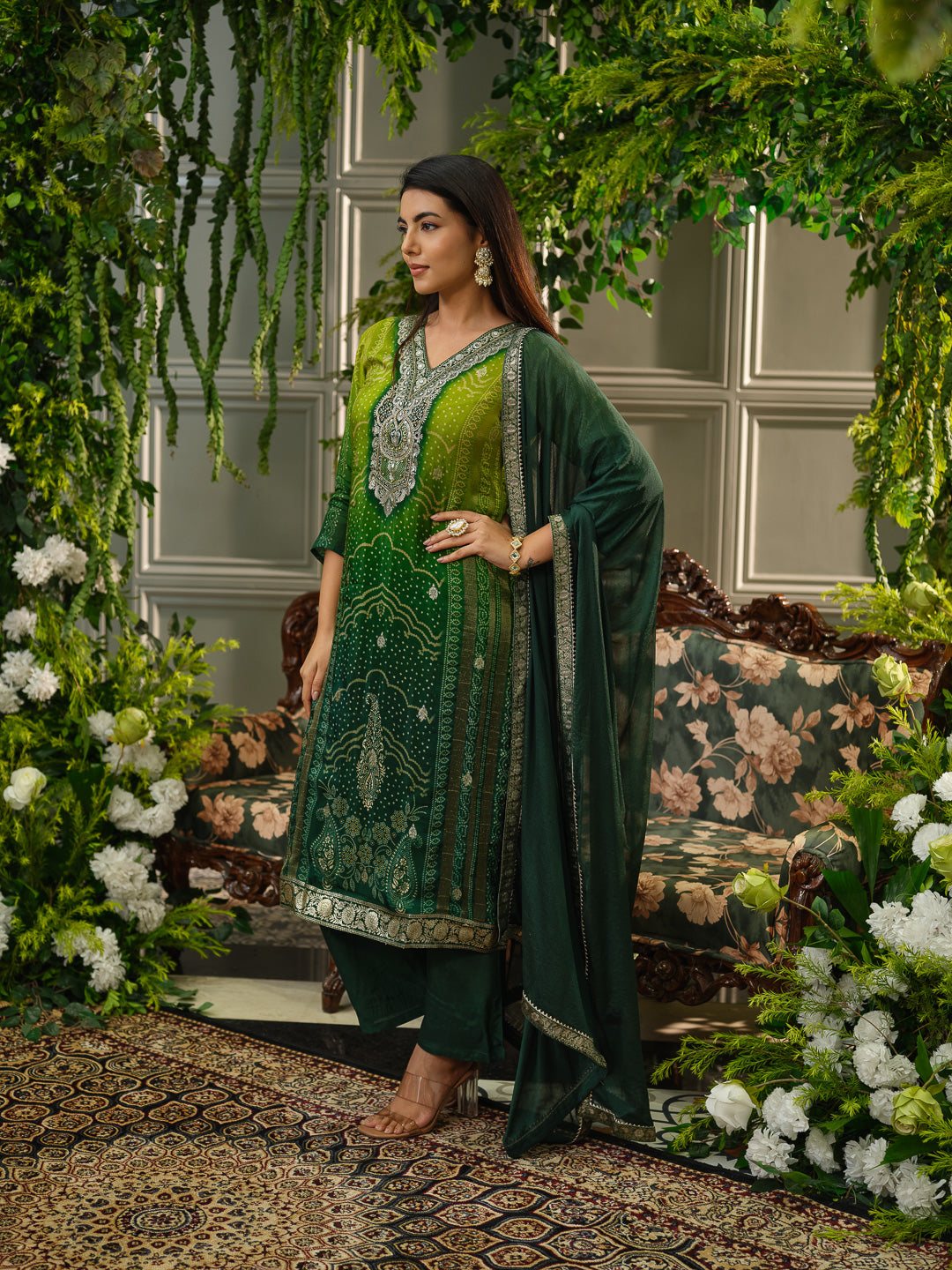 Bandhani Printed V-Neck Straight Kurta With Trouser & Dupatta