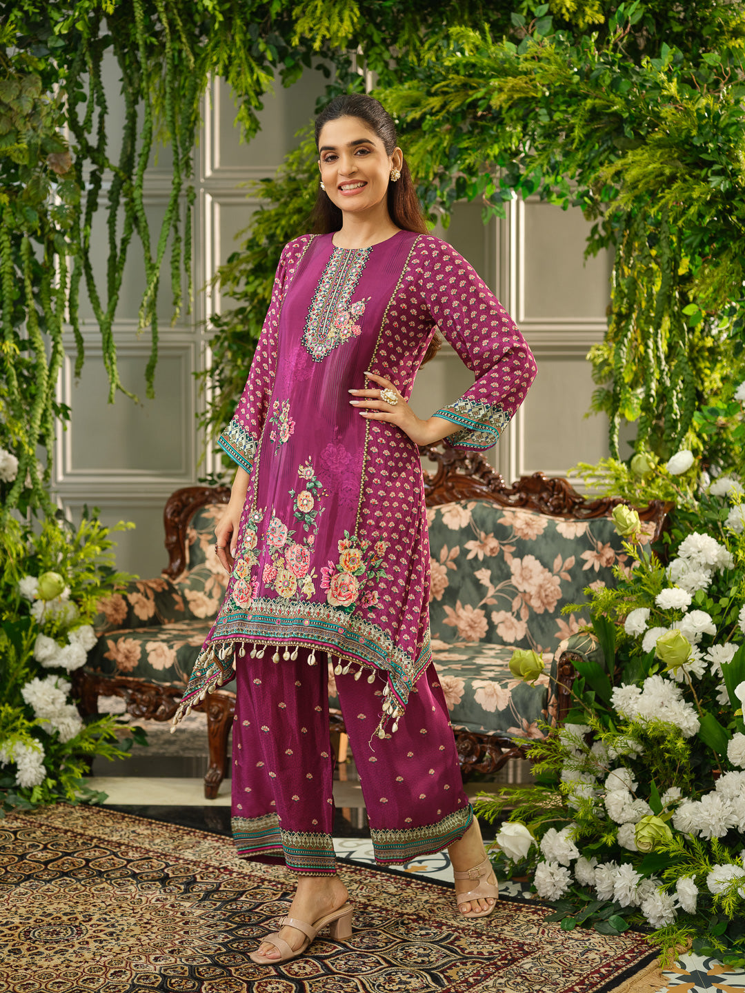 Wine Digital Print Co-ord Set with Handwork