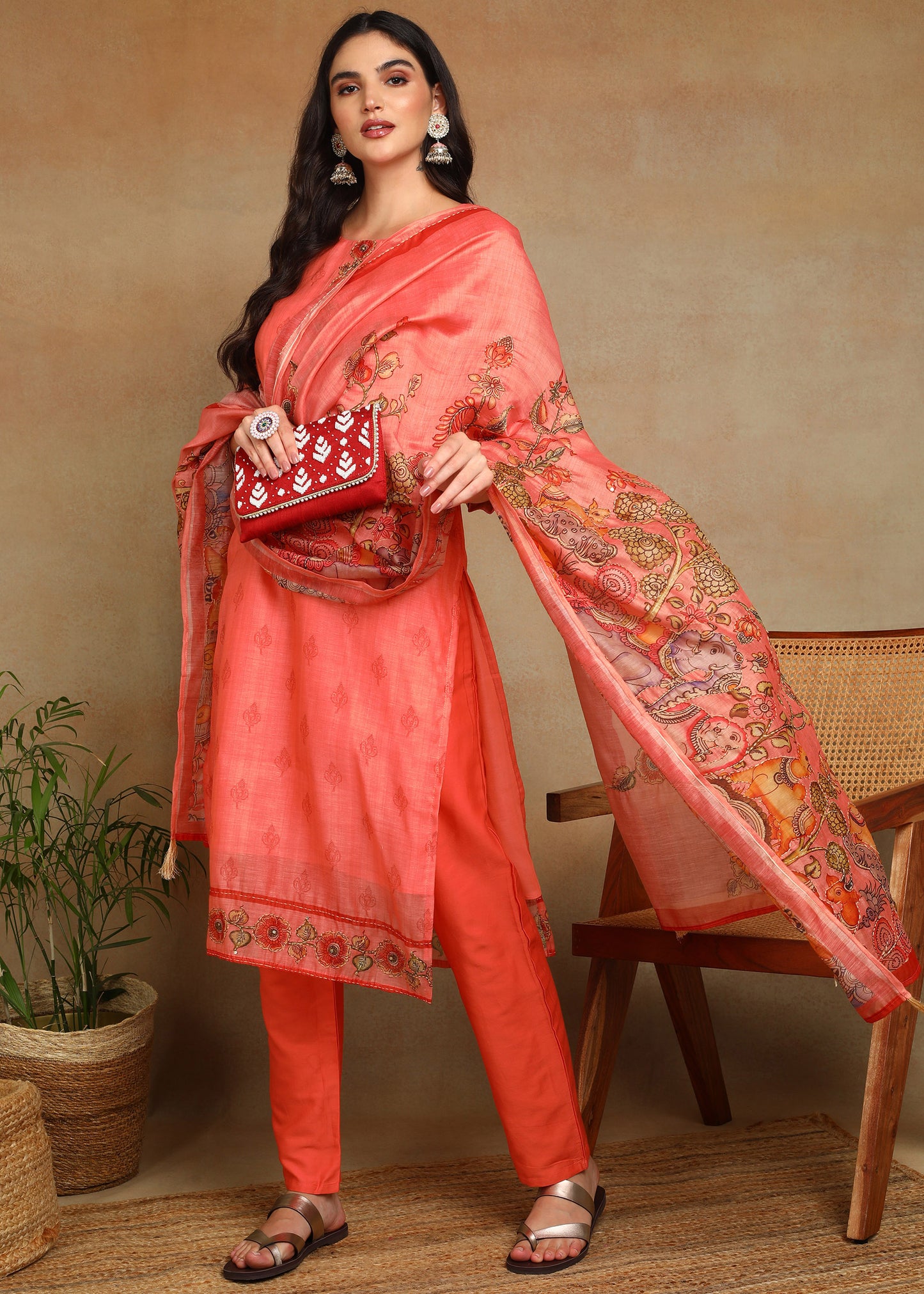 Women's Peach Ethnic Motif Printed Kurta with Kantha & Sequin Work, Paired with Trousers and Dupatta