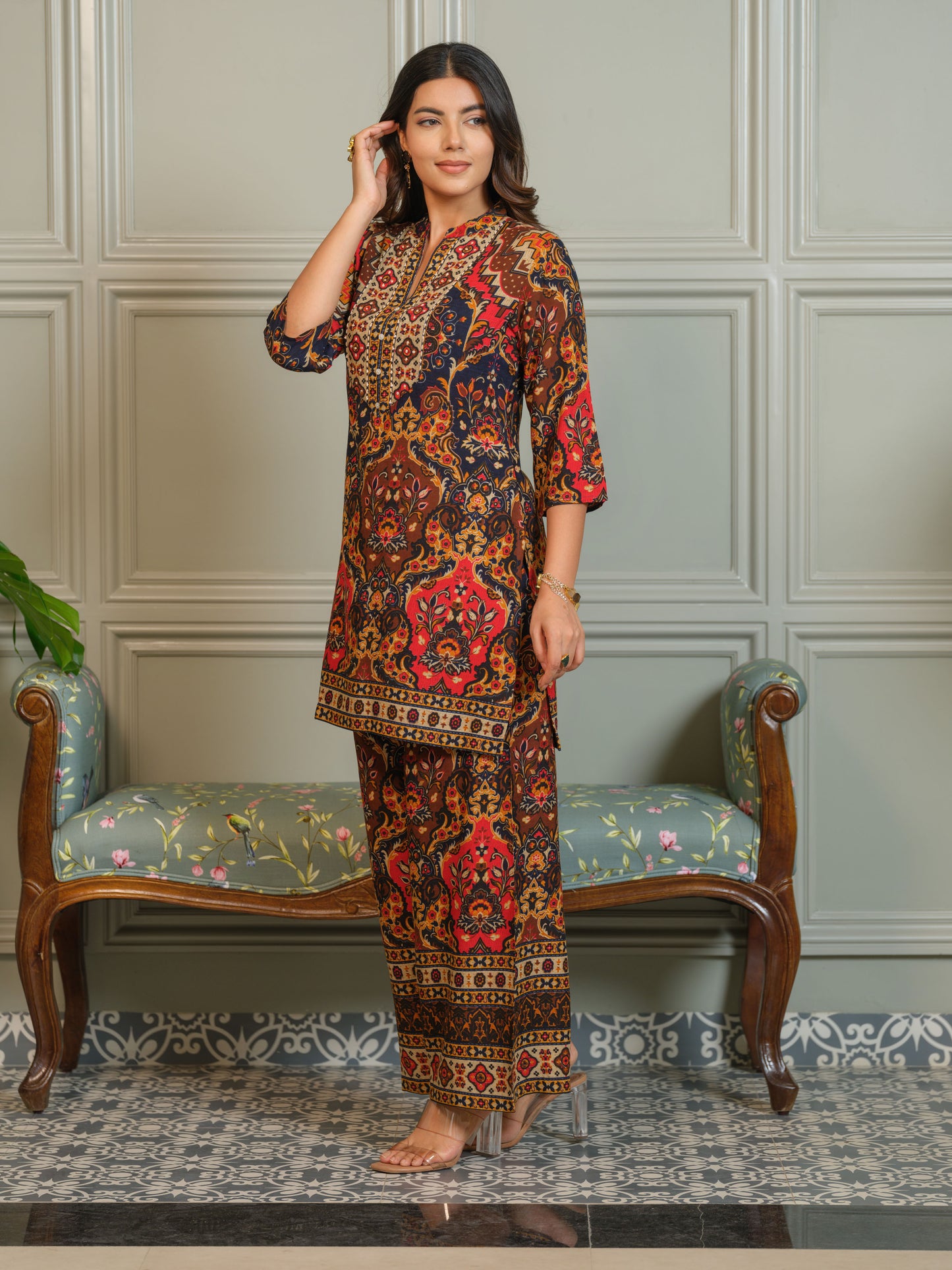Ajrak Printed with embroidered Top with Palazzos Co-Ords
