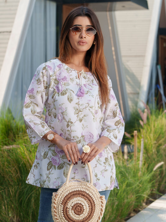Floral Printed Pure Cotton Three Quarter Sleeves Tunics