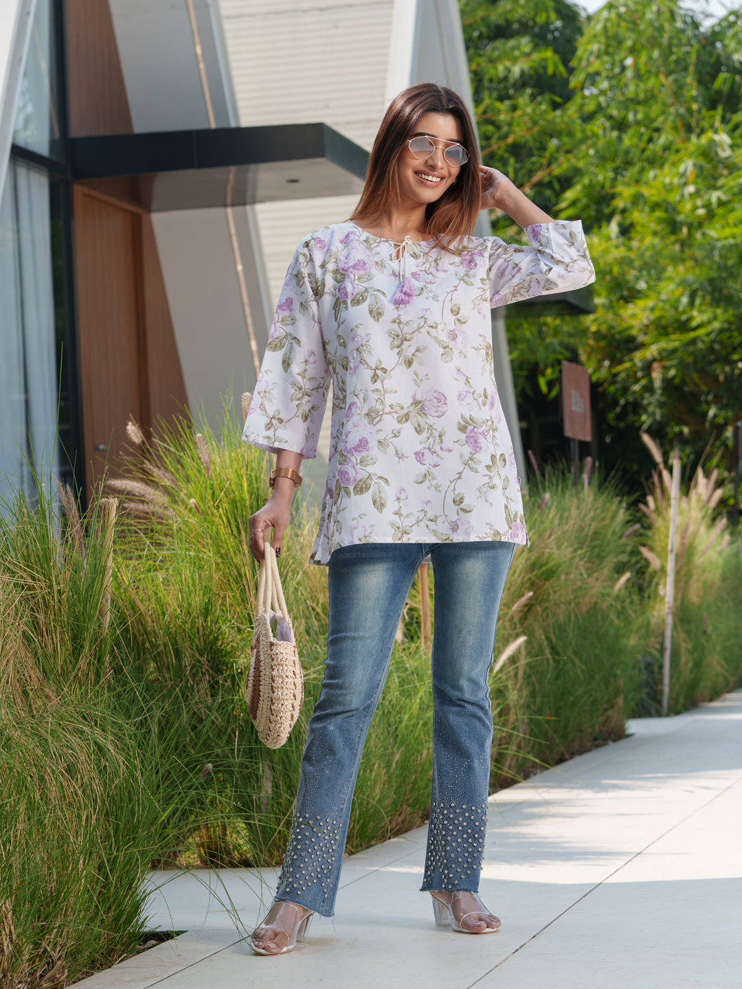 Floral Printed Pure Cotton Three Quarter Sleeves Tunics