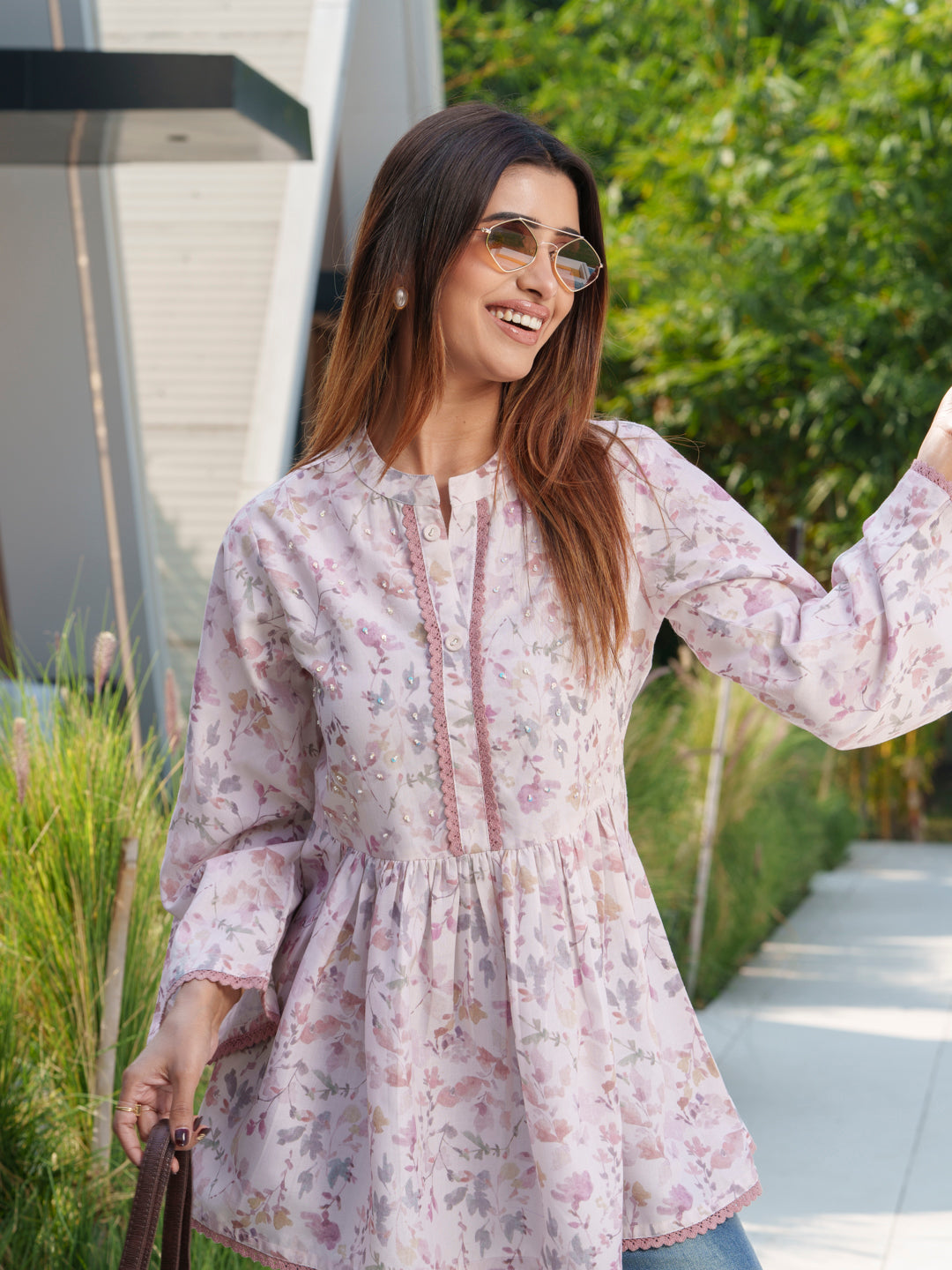Women Floral Printed Pure Cotton Flared Sleeves Tunics