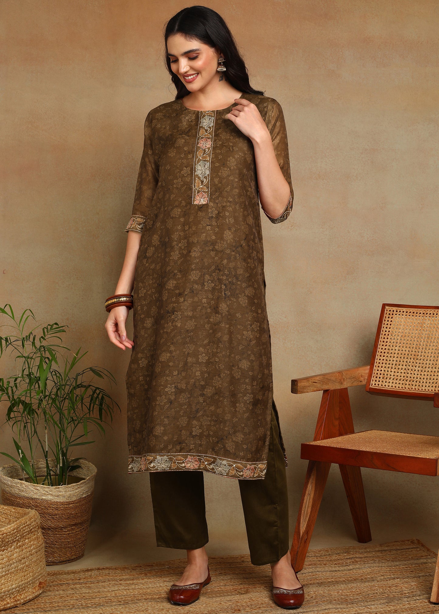 Women's Mustard Ethnic Motif Printed Kurta with Kantha & Sequin Work, Paired with Trousers and Dupatta