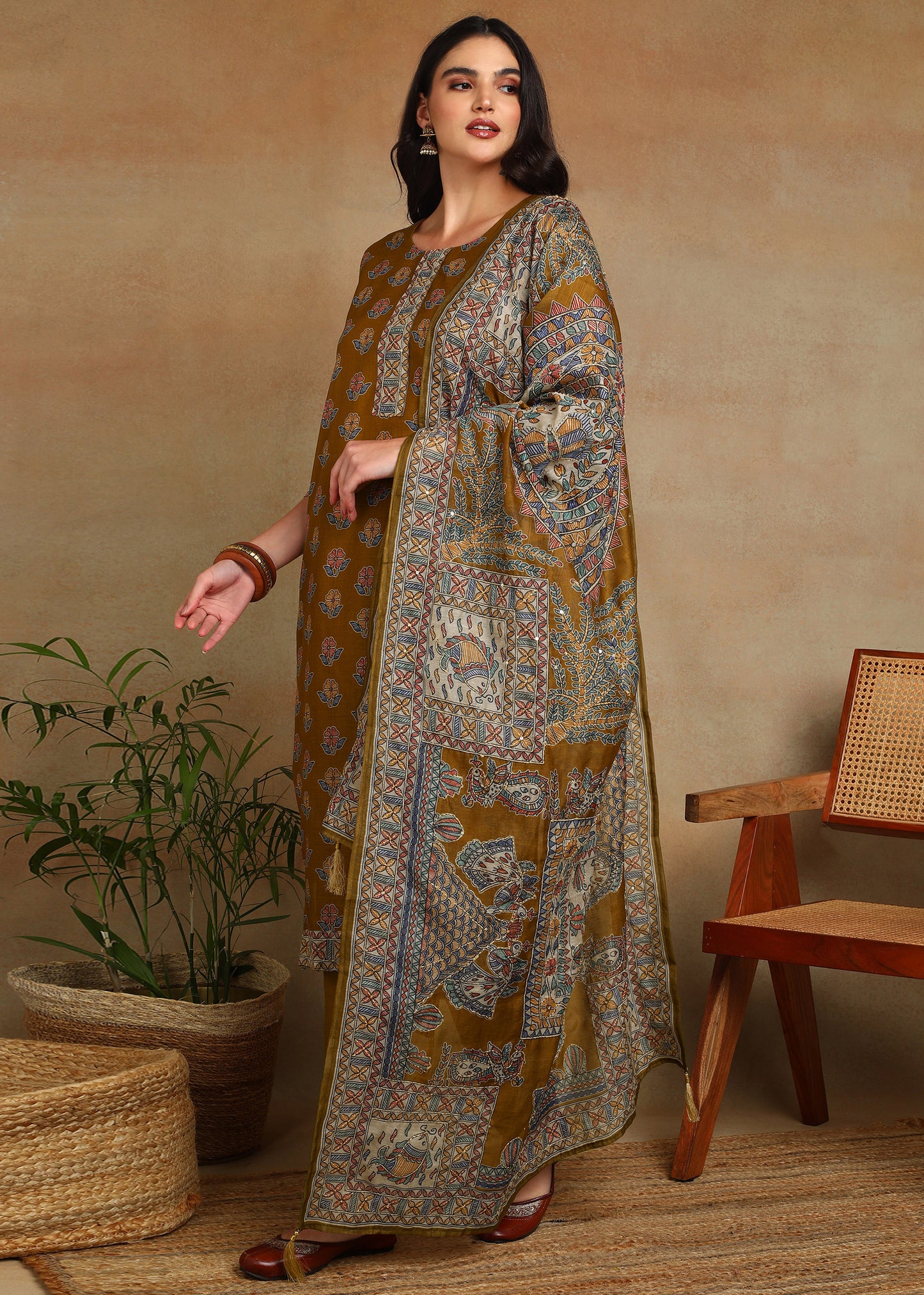 Women's Olive Green Ethnic Motif Printed Kurta with Kantha & Sequin Work, Paired with Trousers and Dupatta