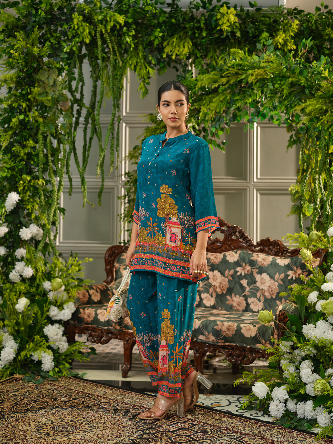 Teal Digital Print Co-ord Set with Heavy Handwork