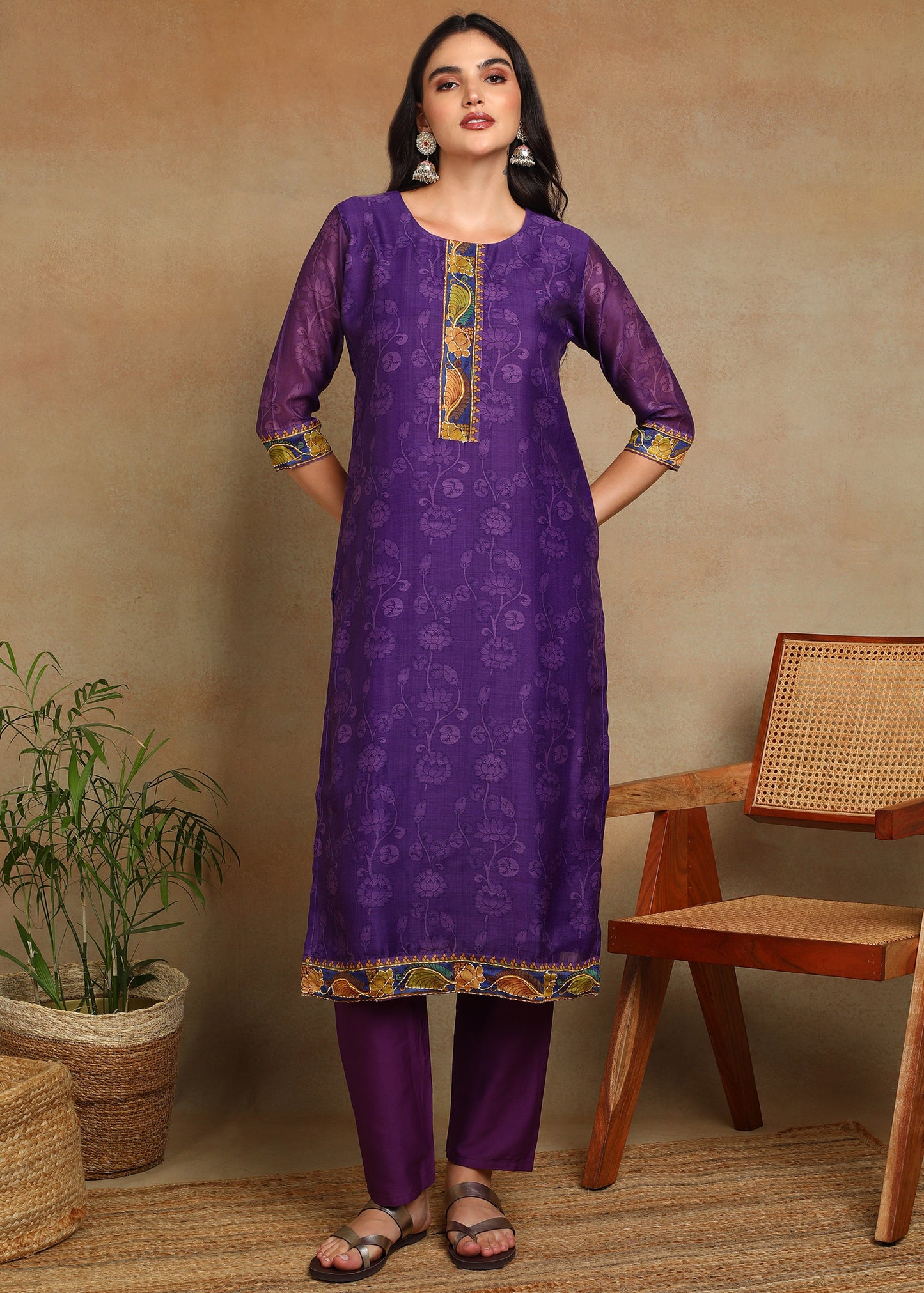 Women's Purple Ethnic Motif Printed Kurta with Kantha & Sequin Work, Paired with Trousers and Dupatta