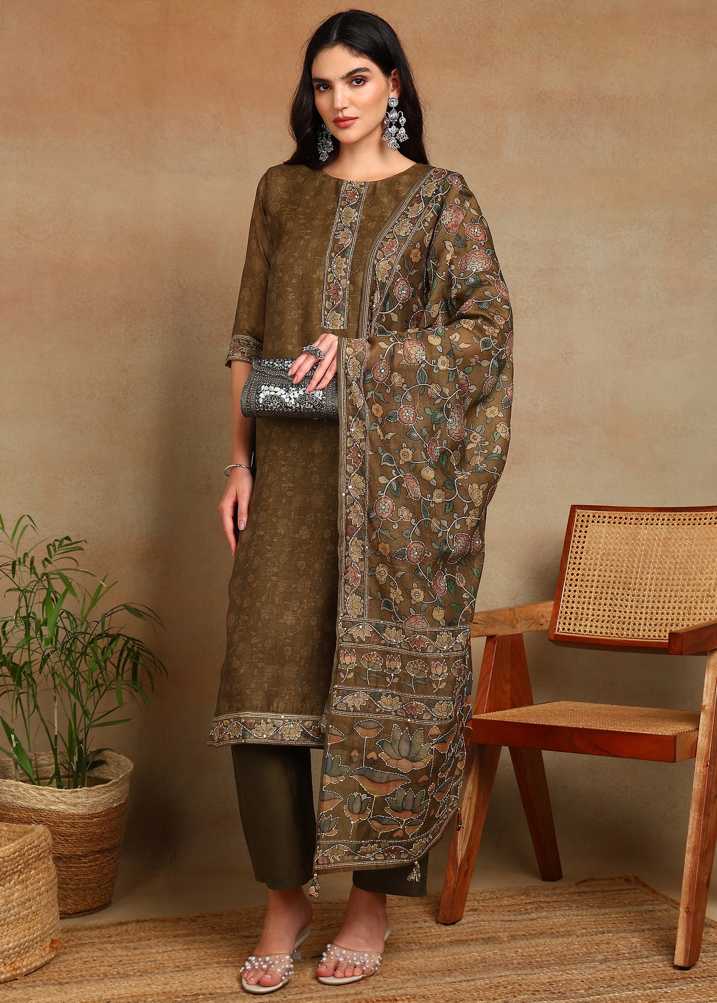 Women's Olive-Green Ethnic Motif Printed Kurta with Kantha & Sequin Work, Paired with Trousers and Dupatta