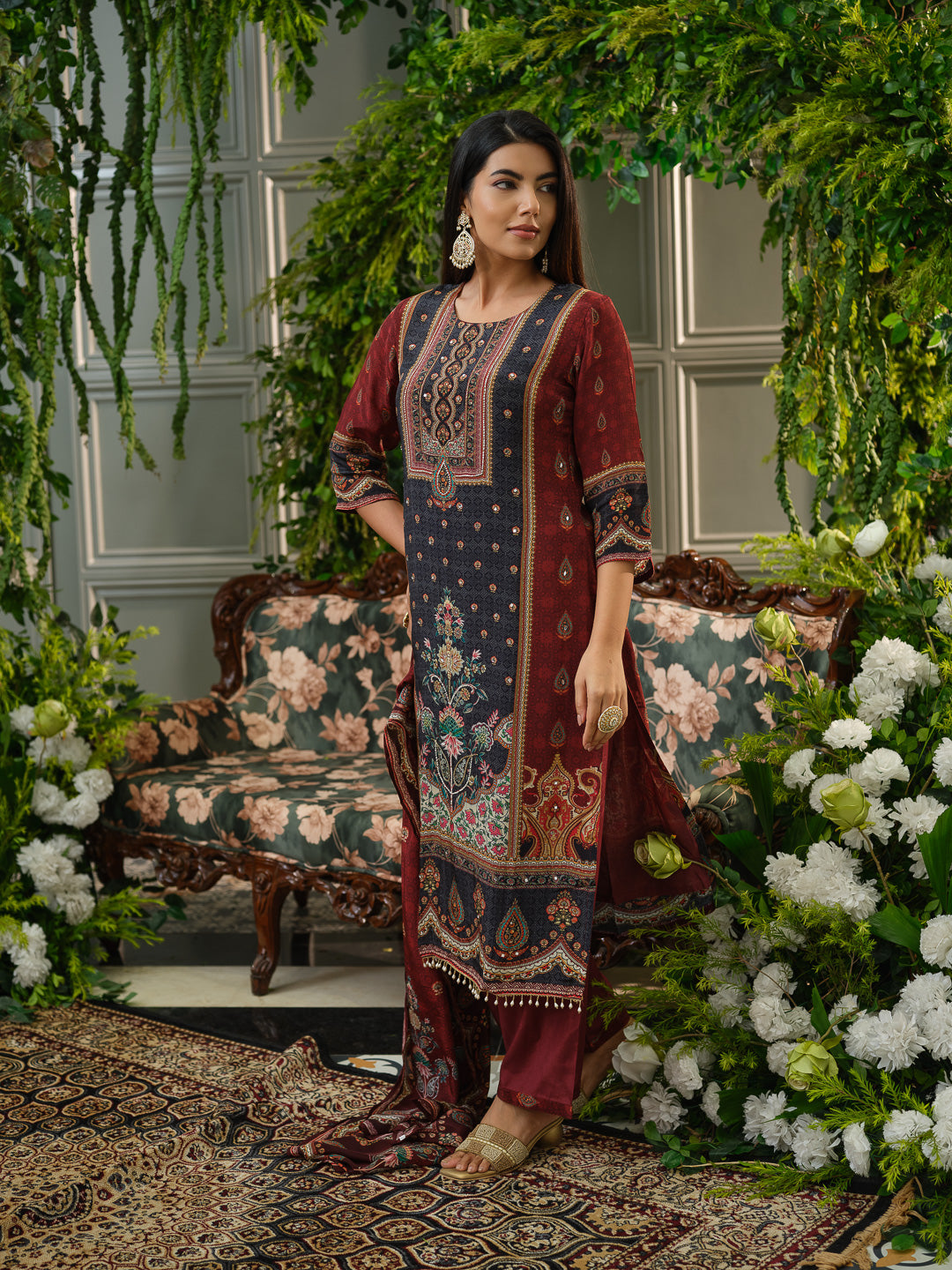 Maroon & Black Printed Kurta Set with Embroidered Yoke, Pants & Dupatta