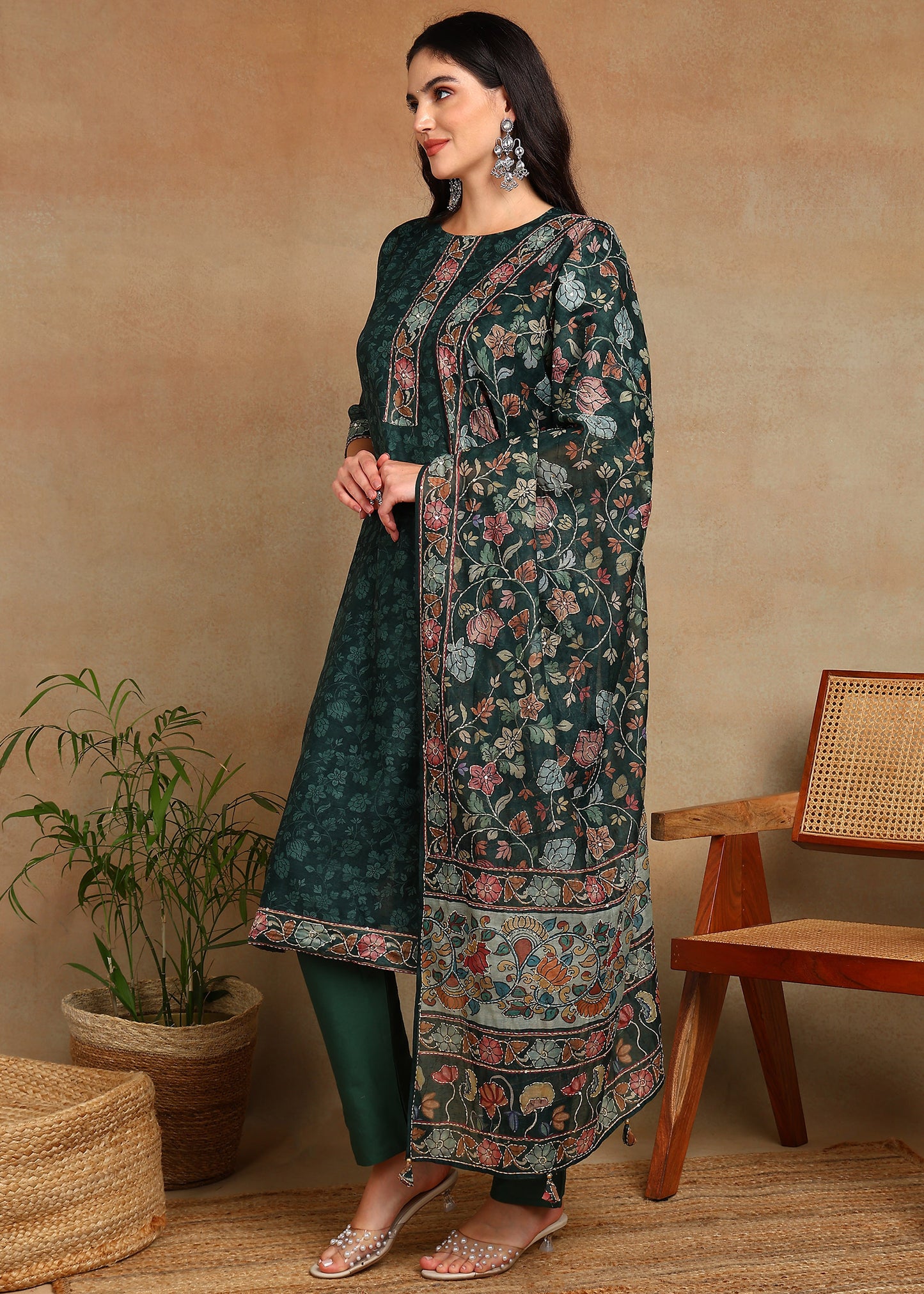 Women's Green Ethnic Motif Printed Kurta with Kantha & Sequin Work, Paired with Trousers and Dupatta