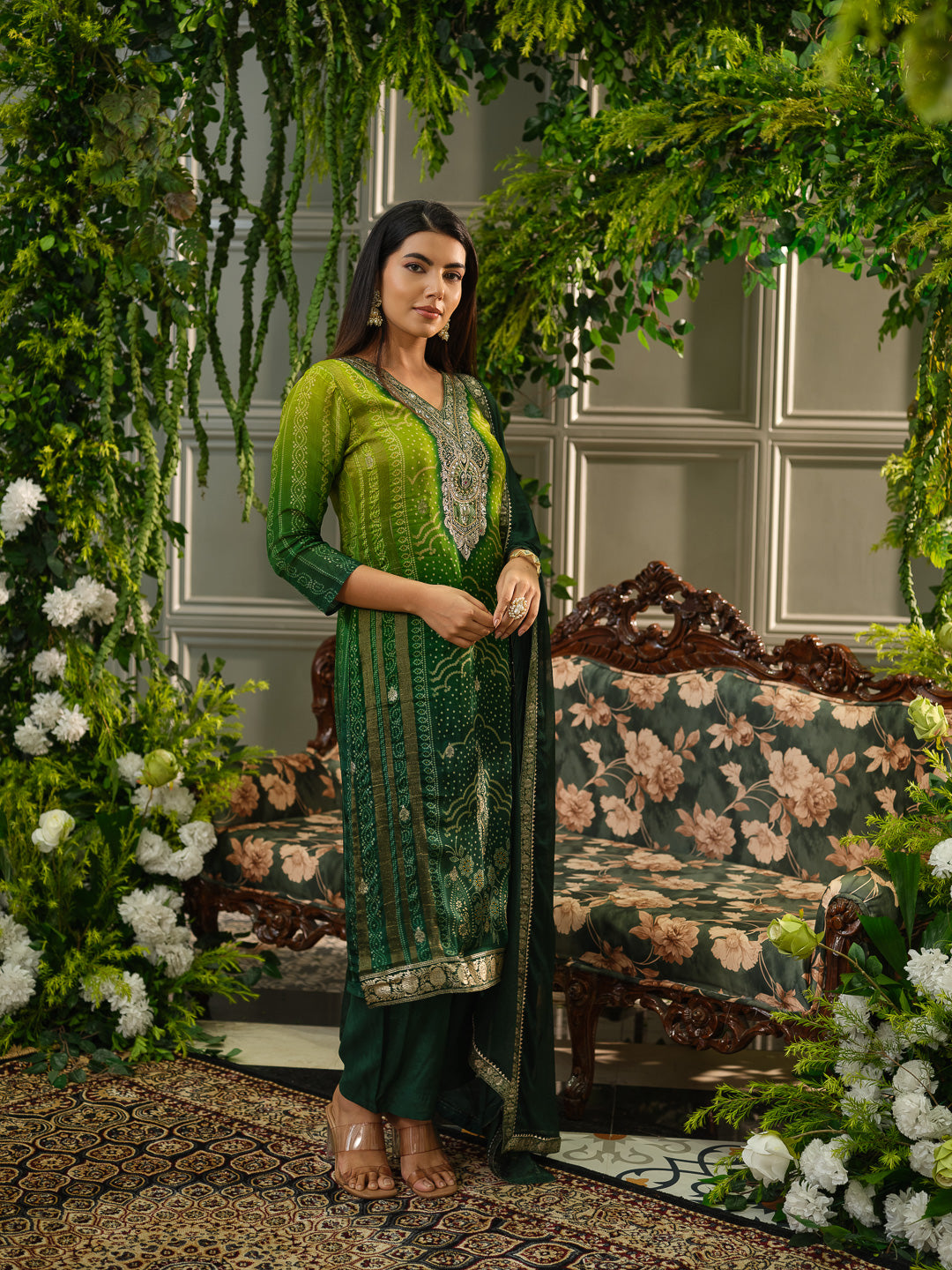 Bandhani Printed V-Neck Straight Kurta With Trouser & Dupatta