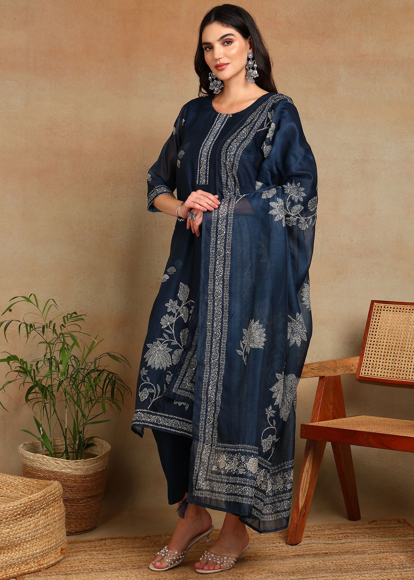 Women's Navy-Blue Ethnic Motif Printed Kurta with Kantha & Sequin Work, Paired with Trousers and Dupatta