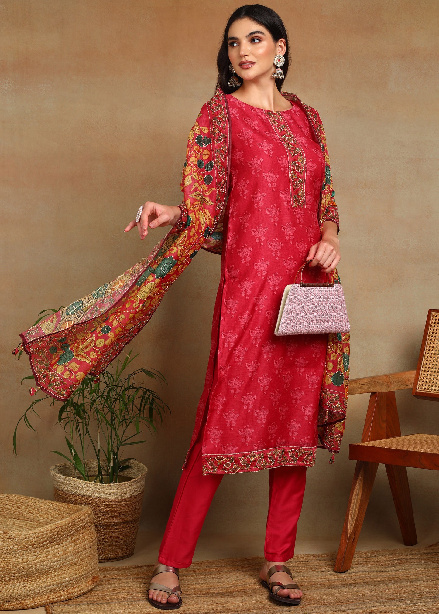 Women's Pink Ethnic Motif Printed Kurta with Kantha & Sequin Work, Paired with Trousers and Dupatta