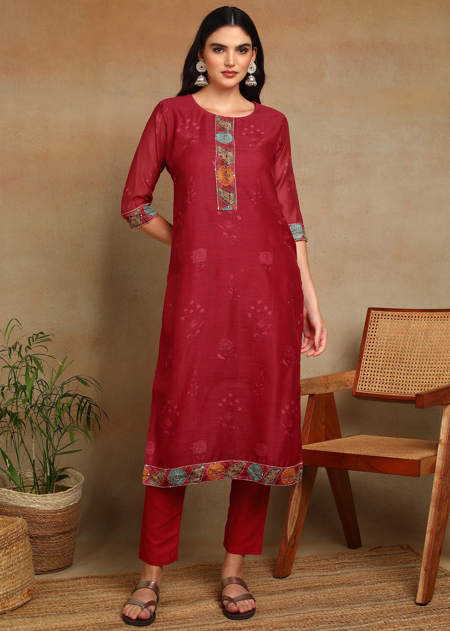 Women's Red Ethnic Motif Printed Kurta with Kantha & Sequin Work, Paired with Trousers and Dupatta