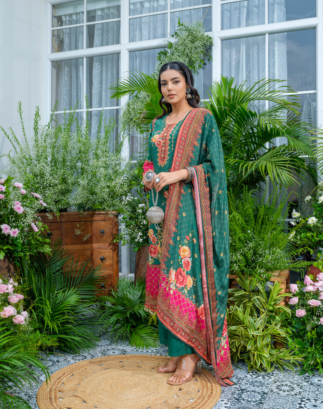 Elegant Green And Pink Floral Embroidered Kurta With Dupatta