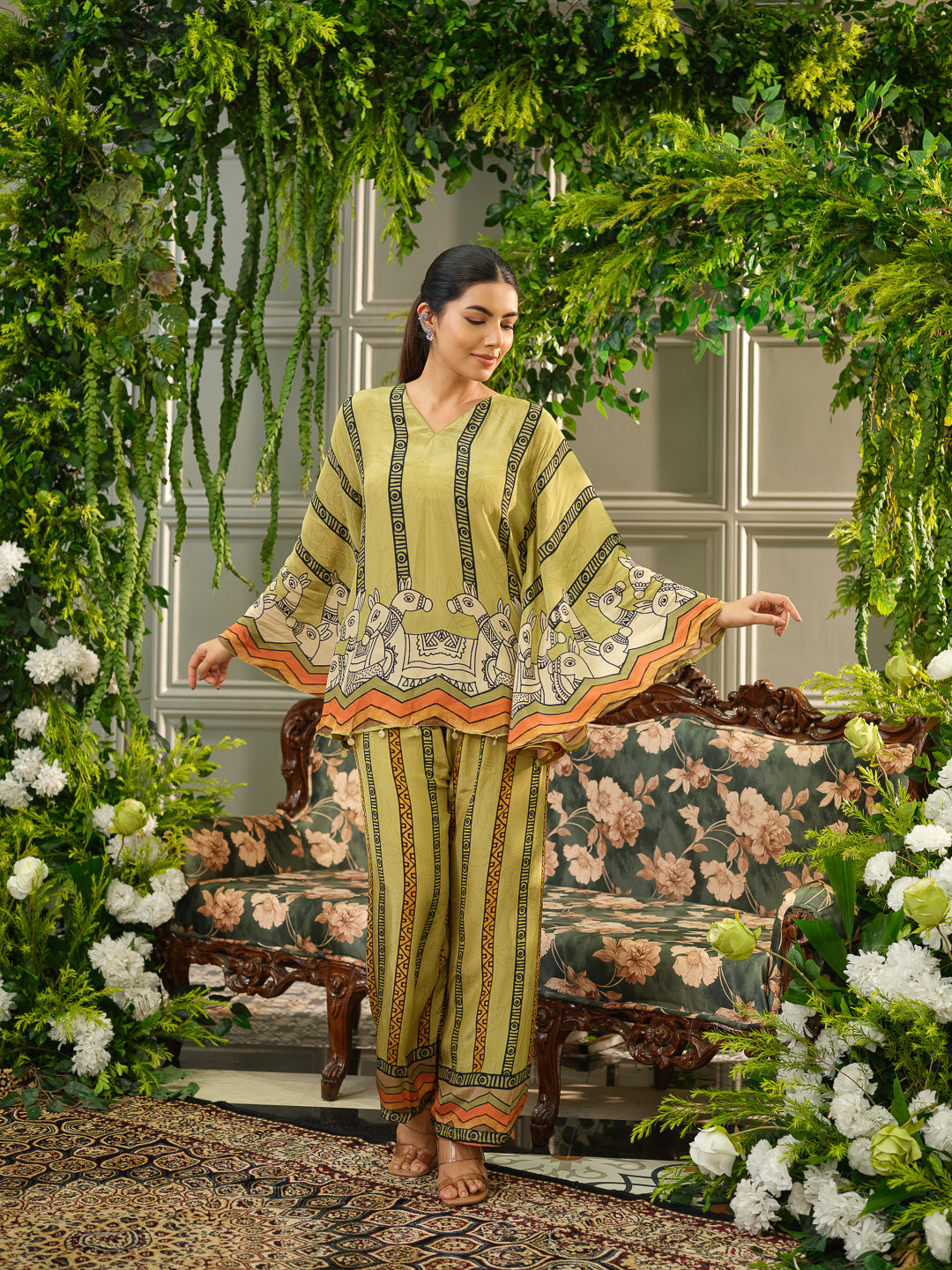 Olive Green Ethnic Printed Natural Crepe Silk Co-Ord Set with Poncho Top
