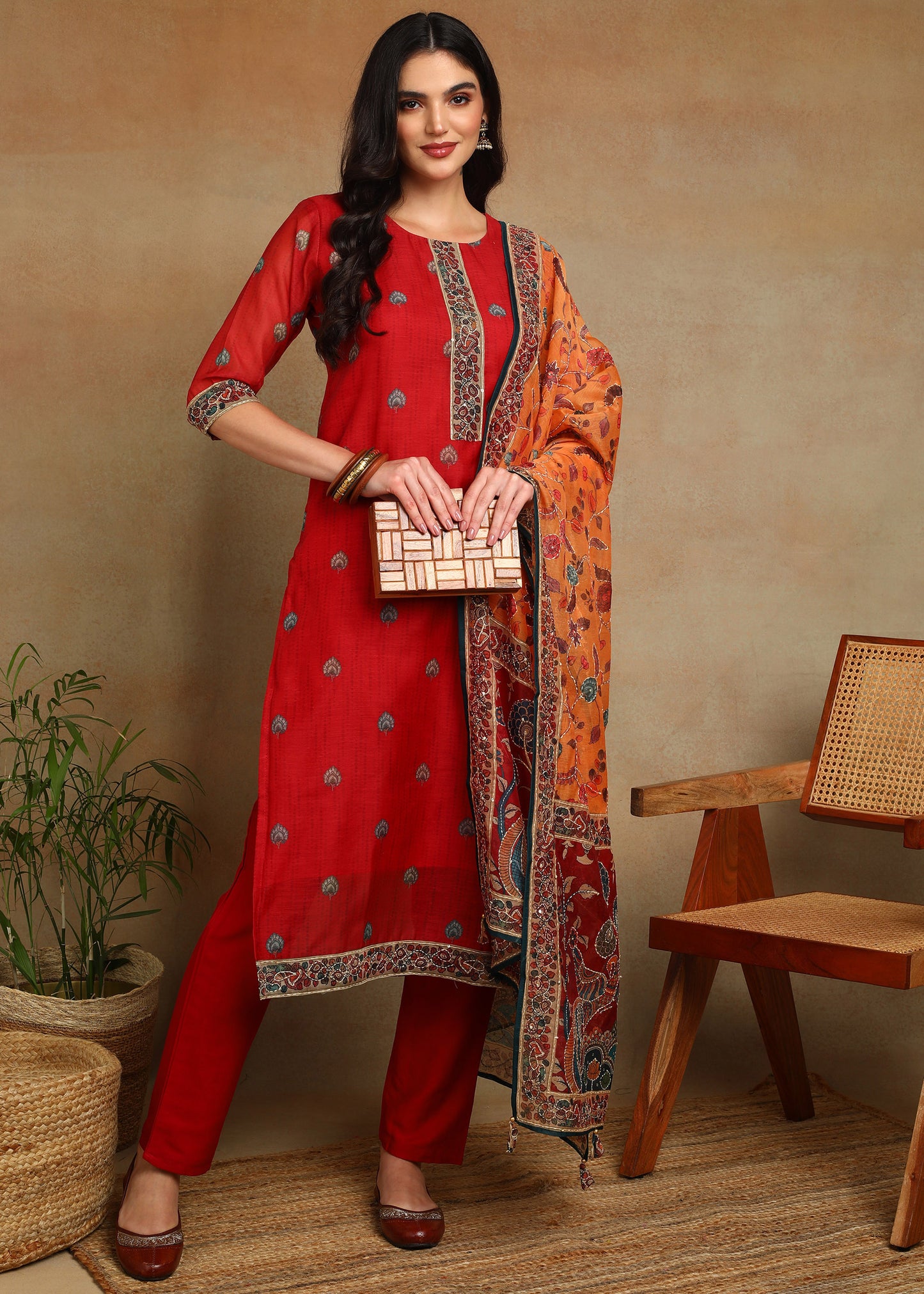 Women's Red Ethnic Motif Printed Kurta with Kantha & Sequin Work, Paired with Trousers and Dupatta