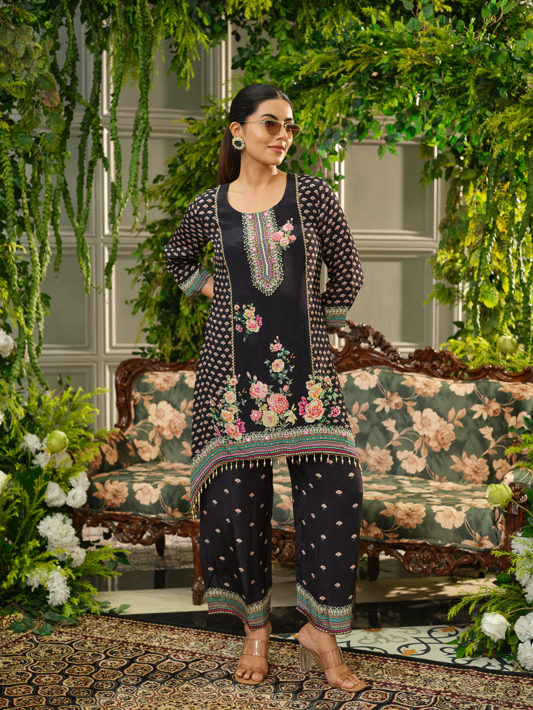 Black Digital Print Co-ord Set with Handwork