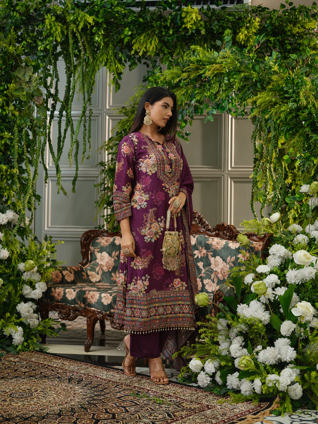 Wine & Purple Crepe Silk Floral Printed Kurta Set with Dupatta
