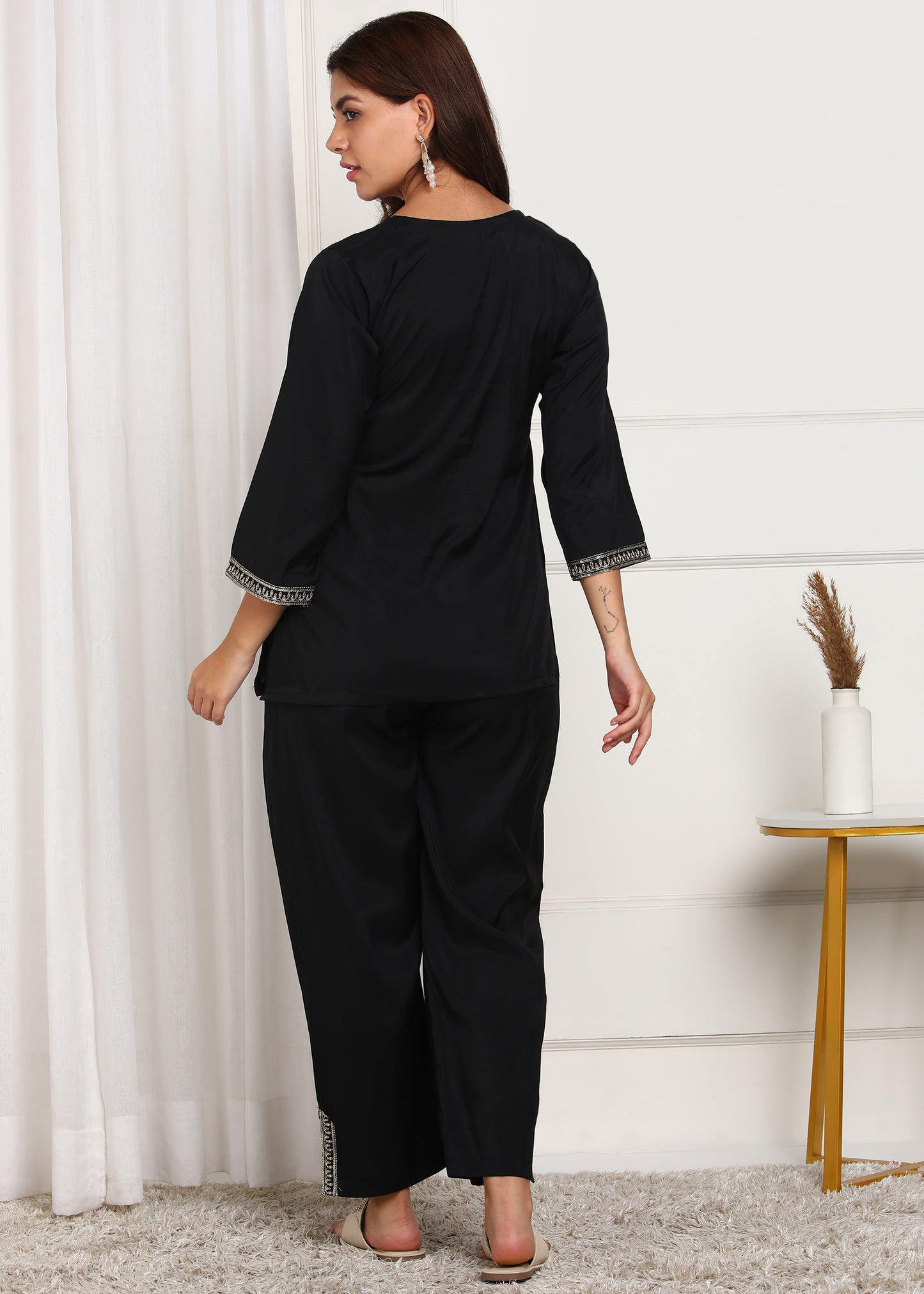 Elegant Black Embroidered Co-ord Set with Bell Sleeves