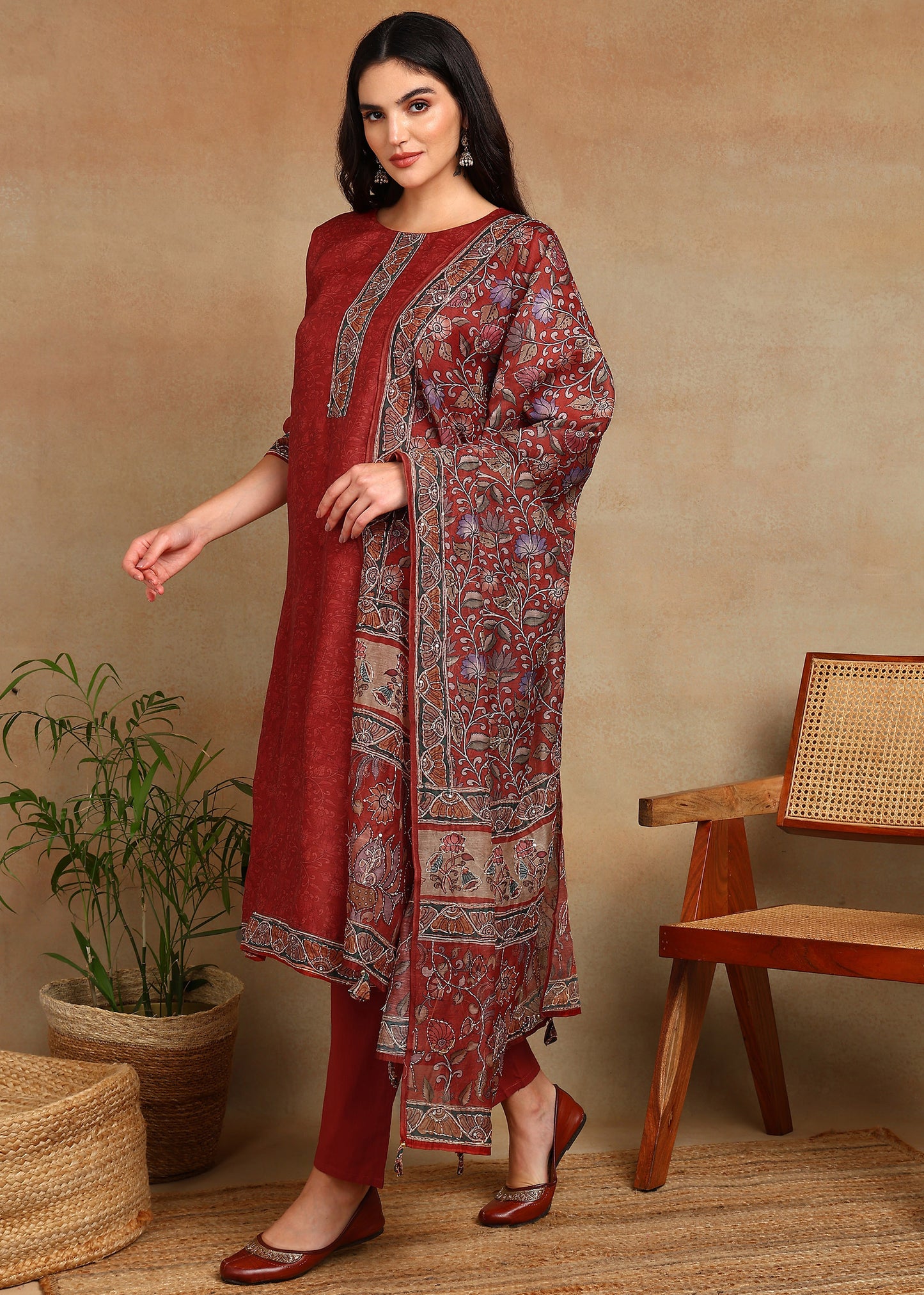 Women's Maroon  Ethnic Motif Printed Kurta with Kantha & Sequin Work, Paired with Trousers and Dupatta