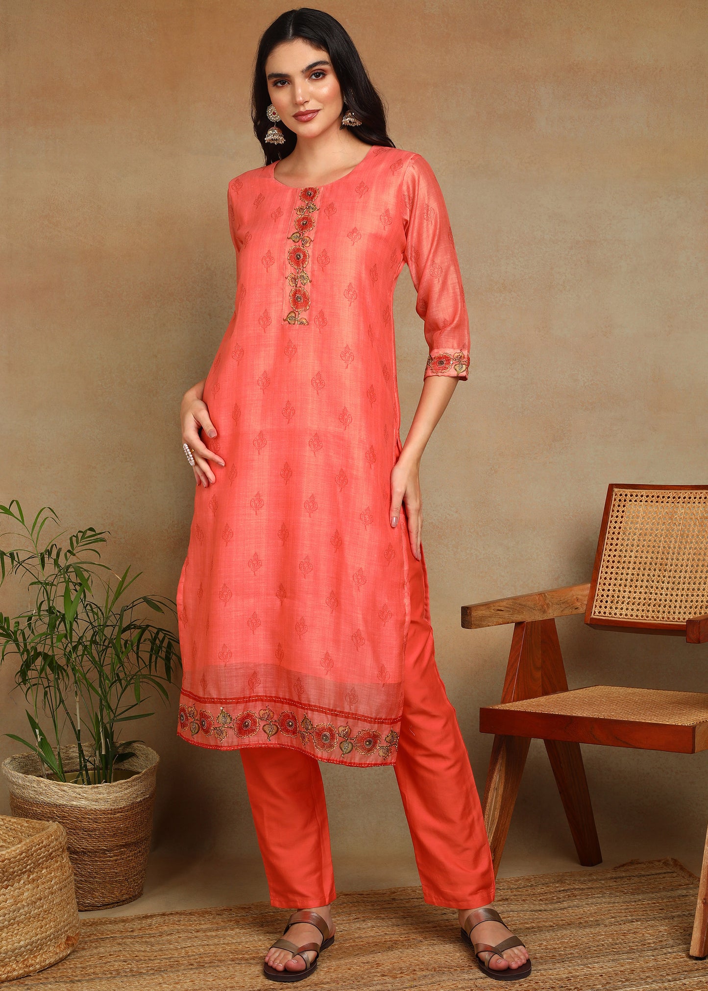 Women's Peach Ethnic Motif Printed Kurta with Kantha & Sequin Work, Paired with Trousers and Dupatta