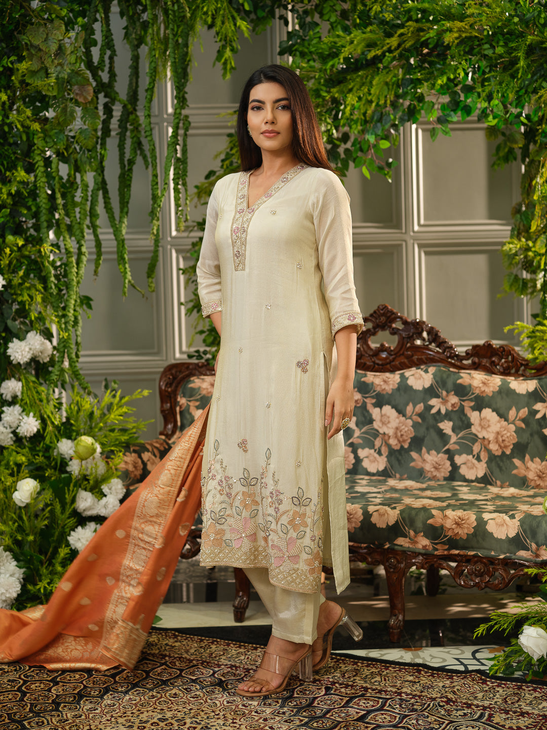 Off White Embroidered Kurta Set with Rust Orange Banarasi Dupatta