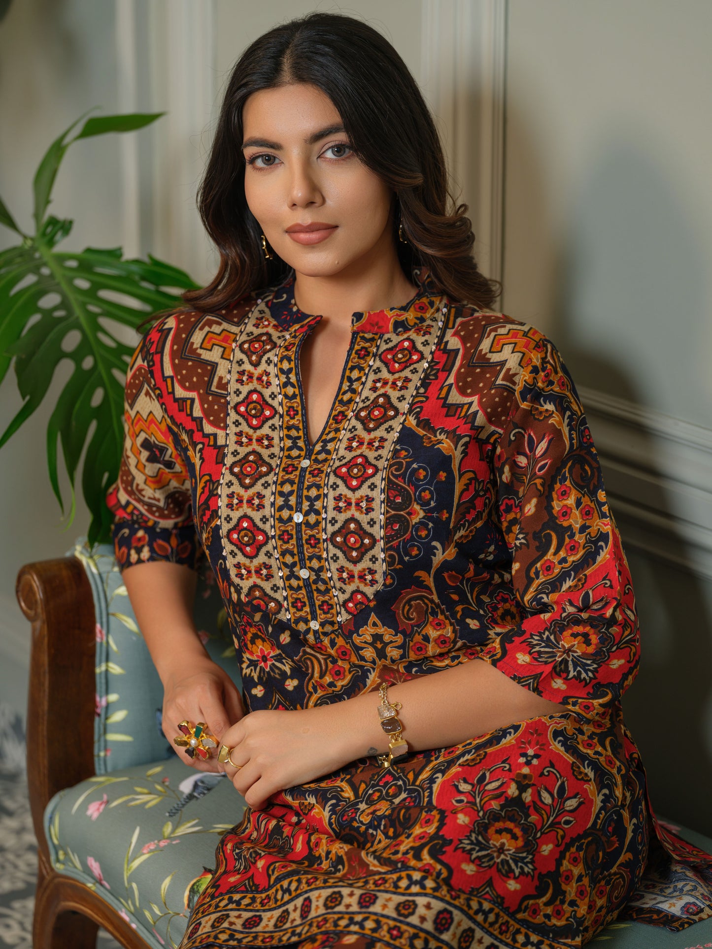 Ajrak Printed with embroidered Top with Palazzos Co-Ords