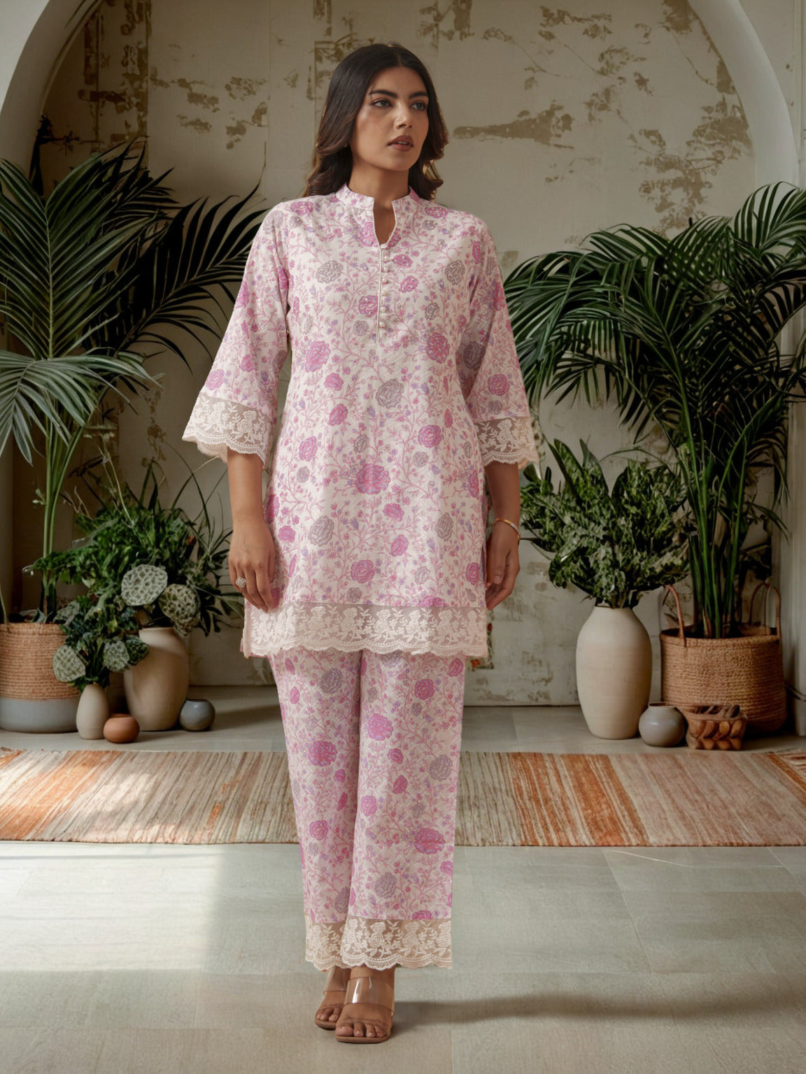 Floral Printed Mandarin Collar Pure Cotton Tunic With Trouser