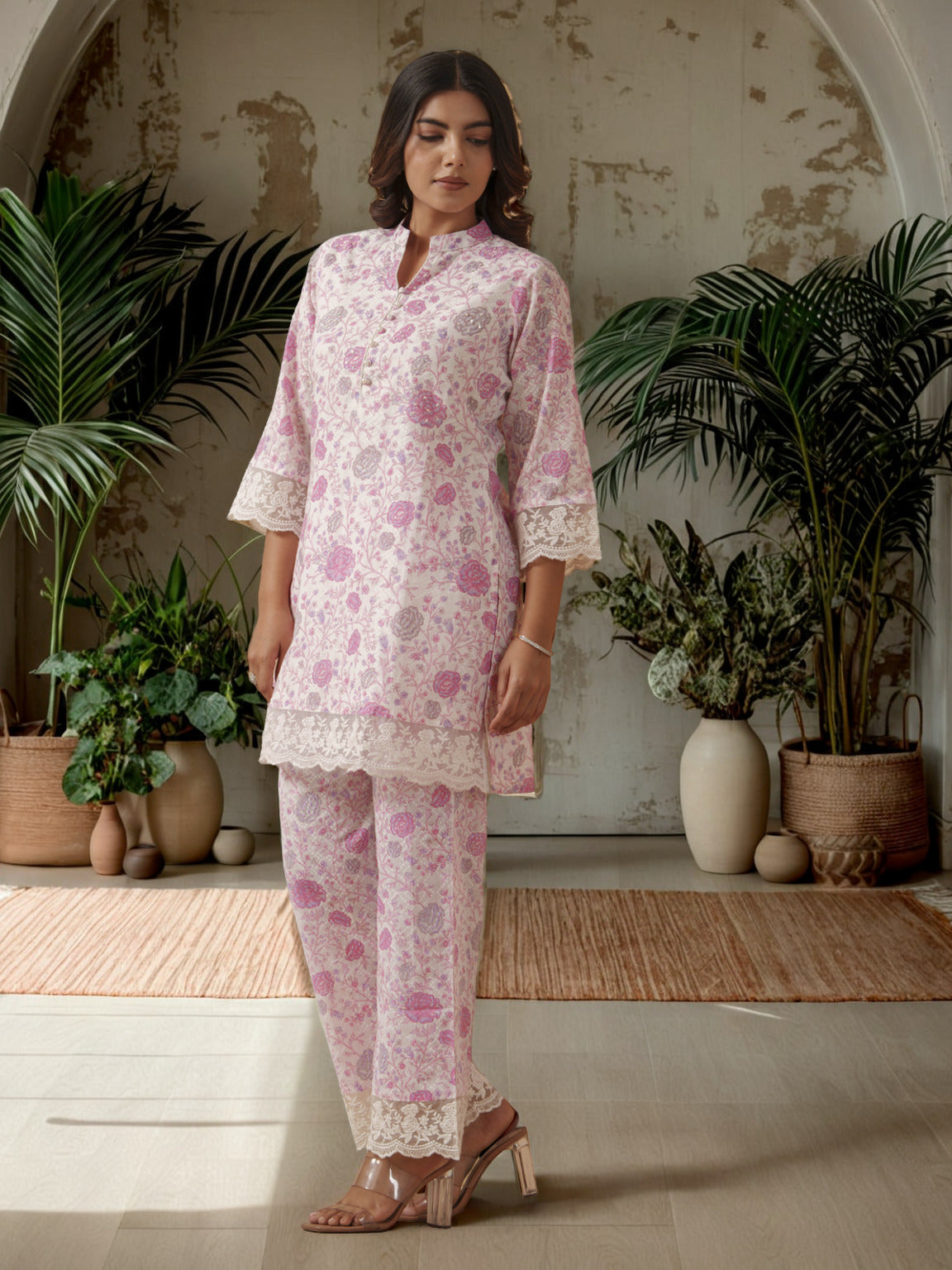Floral Printed Mandarin Collar Pure Cotton Tunic With Trouser