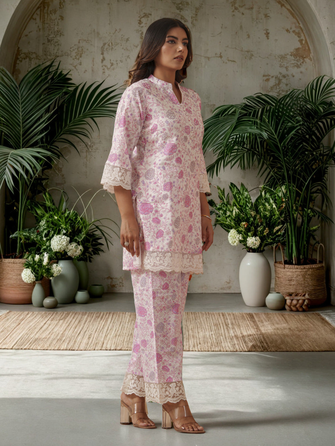 Floral Printed Mandarin Collar Pure Cotton Tunic With Trouser