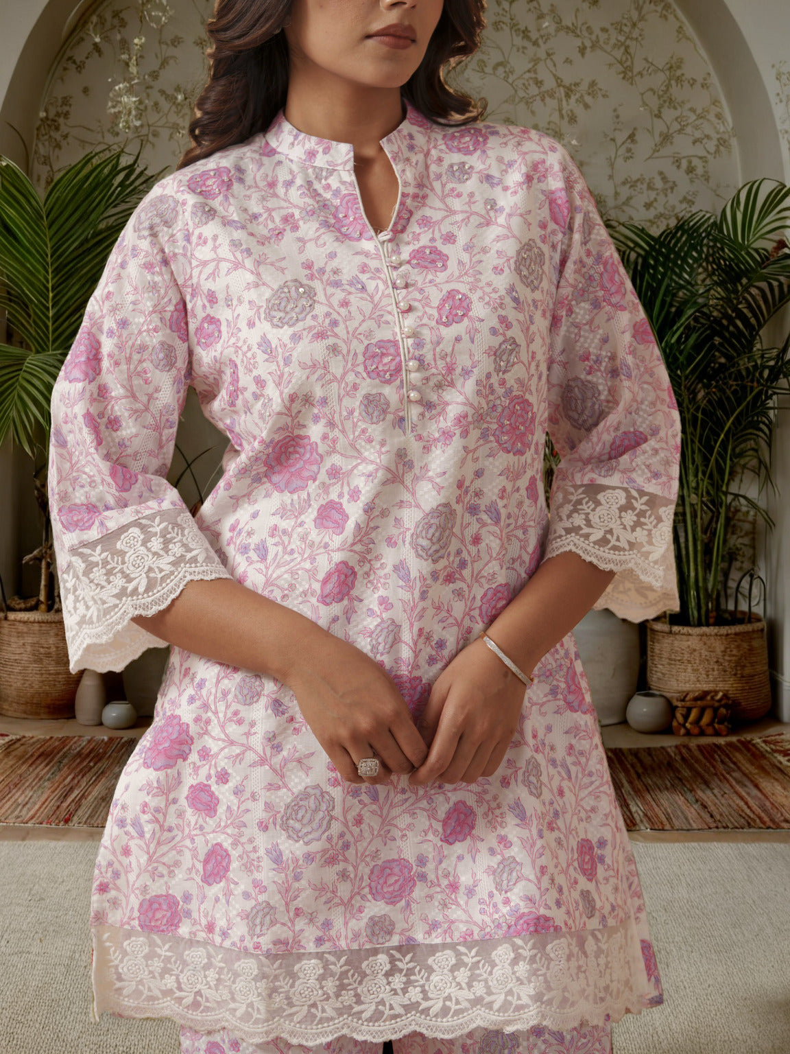 Floral Printed Mandarin Collar Pure Cotton Tunic With Trouser