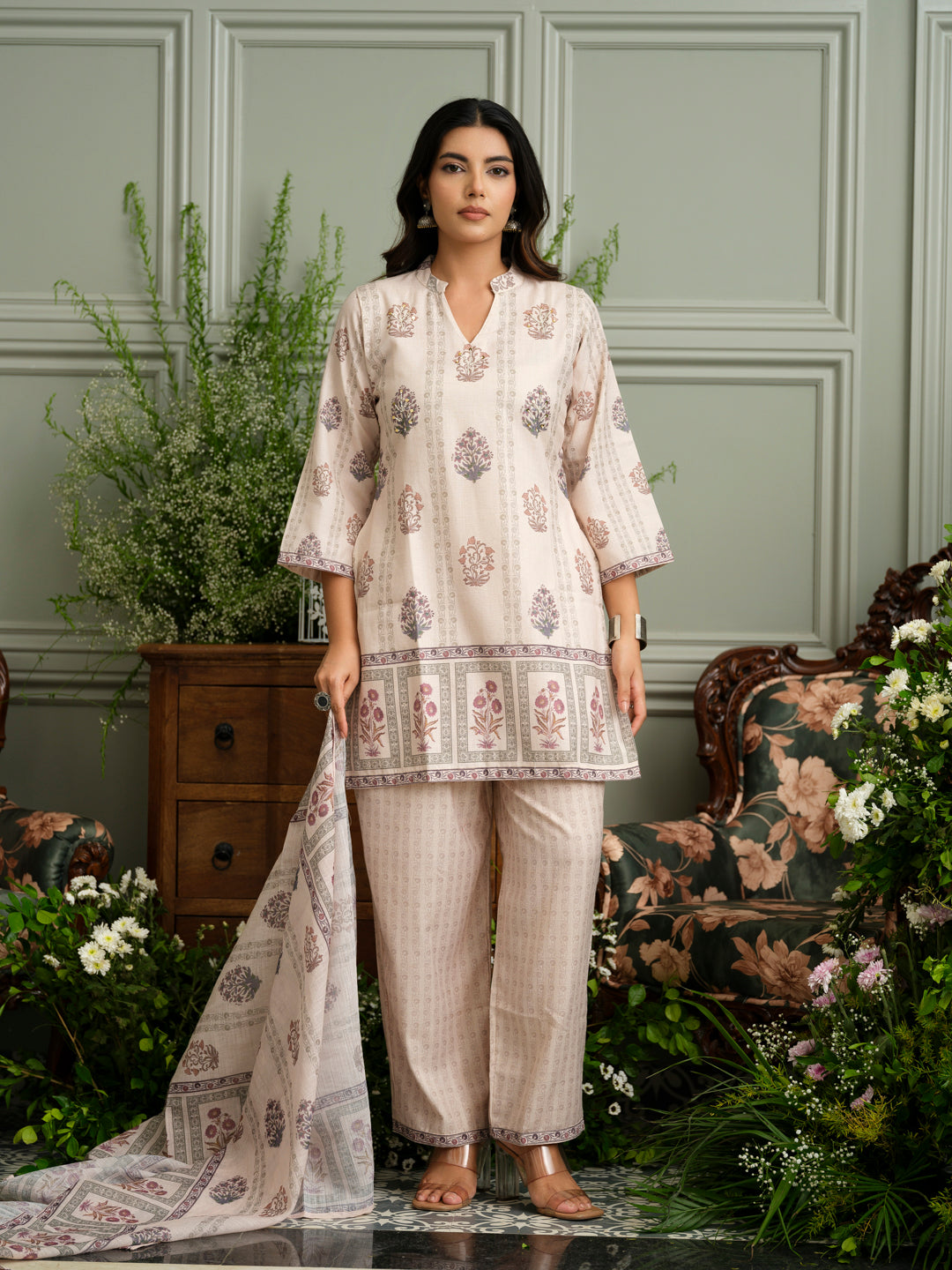 Floral Harmony Beige Kurta, Pant & Dupatta Set