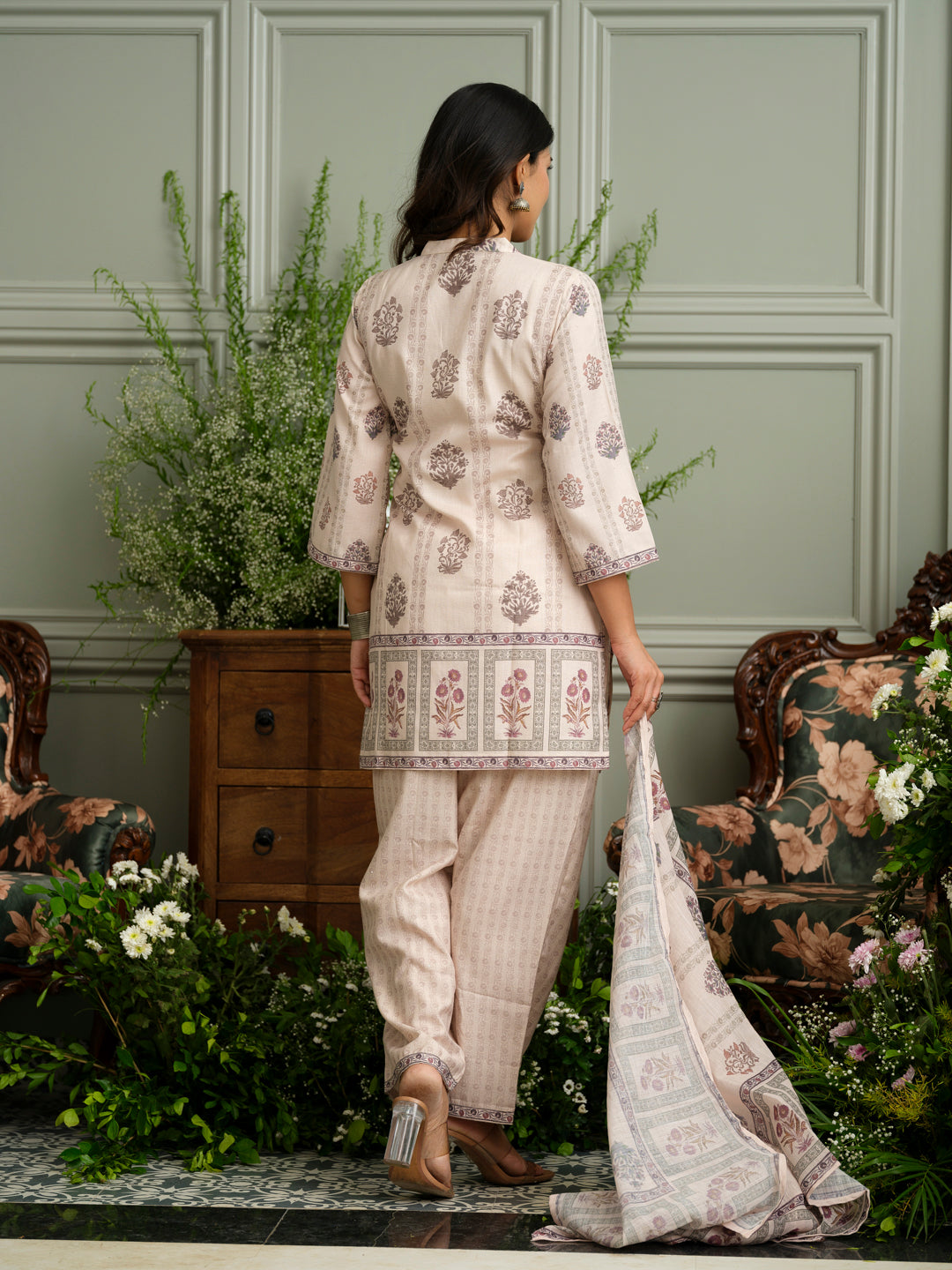 Floral Harmony Beige Kurta, Pant & Dupatta Set