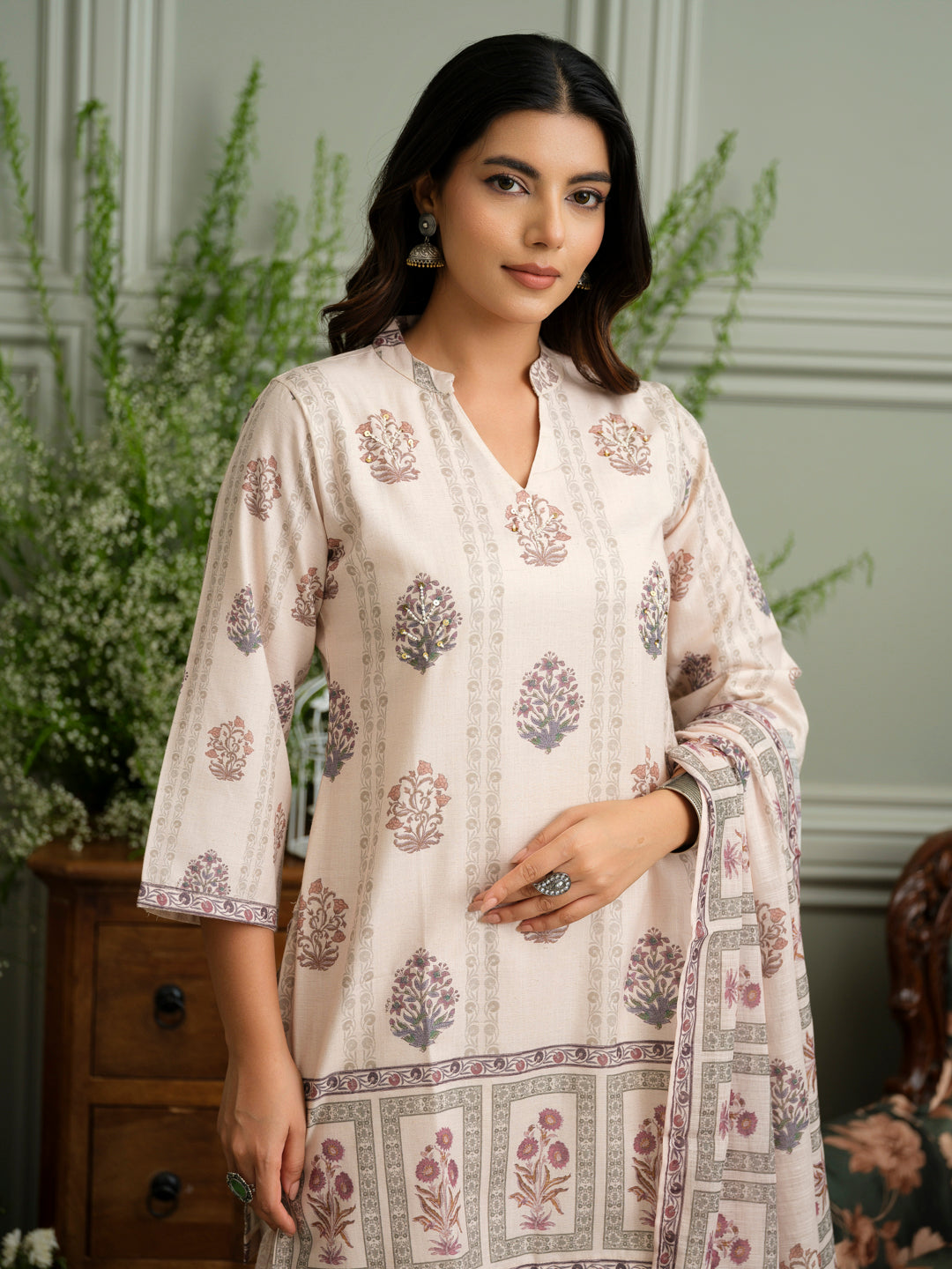 Floral Harmony Beige Kurta, Pant & Dupatta Set