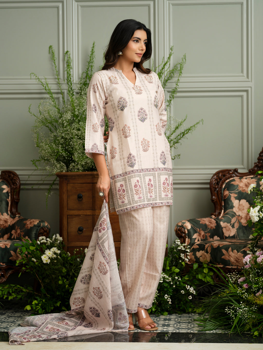 Floral Harmony Beige Kurta, Pant & Dupatta Set